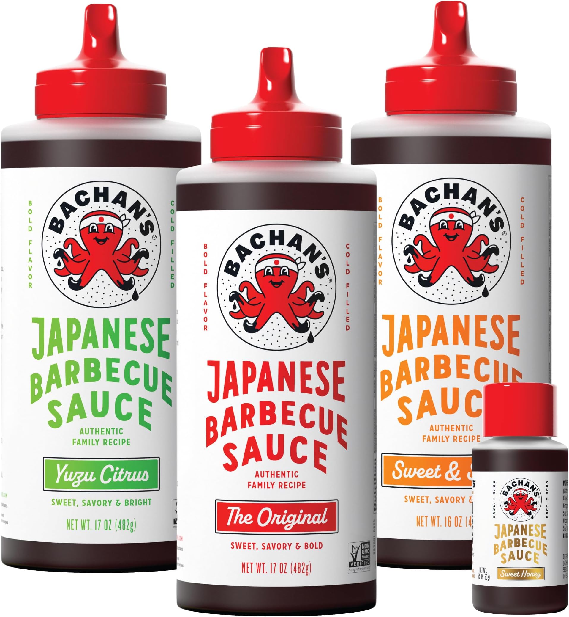 Bachan's Japanese Barbecue Sauce 4 Pack - 1 OG, 1 Spicy, 1 Yuzu Citrus, 1 Sweet Honey Mini - BBQ Sauce for Wings, Chicken, Beef, Pork, Seafood, Noodles, and More. Non GMO, No Preservatives, BPA free