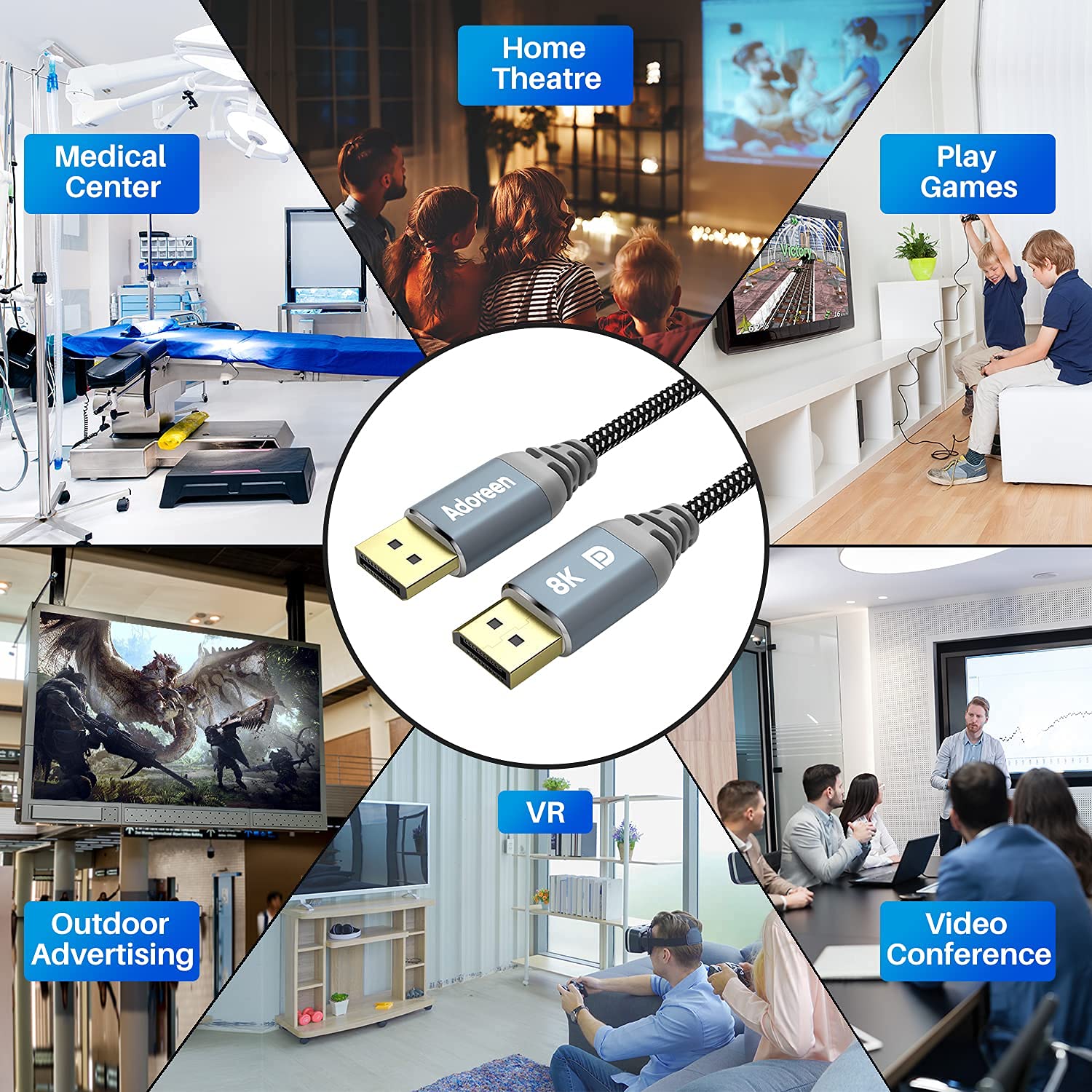 Câble DisplayPort 1.4 8K 7,6 m, cordon DP Adoreen de 4,5 à 9,1 m (8K @ 60 Hz 4K @ 144 Hz 1080p @ 240 Hz 2K 32,4 Gbit/s) HBR3 HDCP HDR, FreeSync G-Sync, port d'affichage tressé pour moniteur graphique
