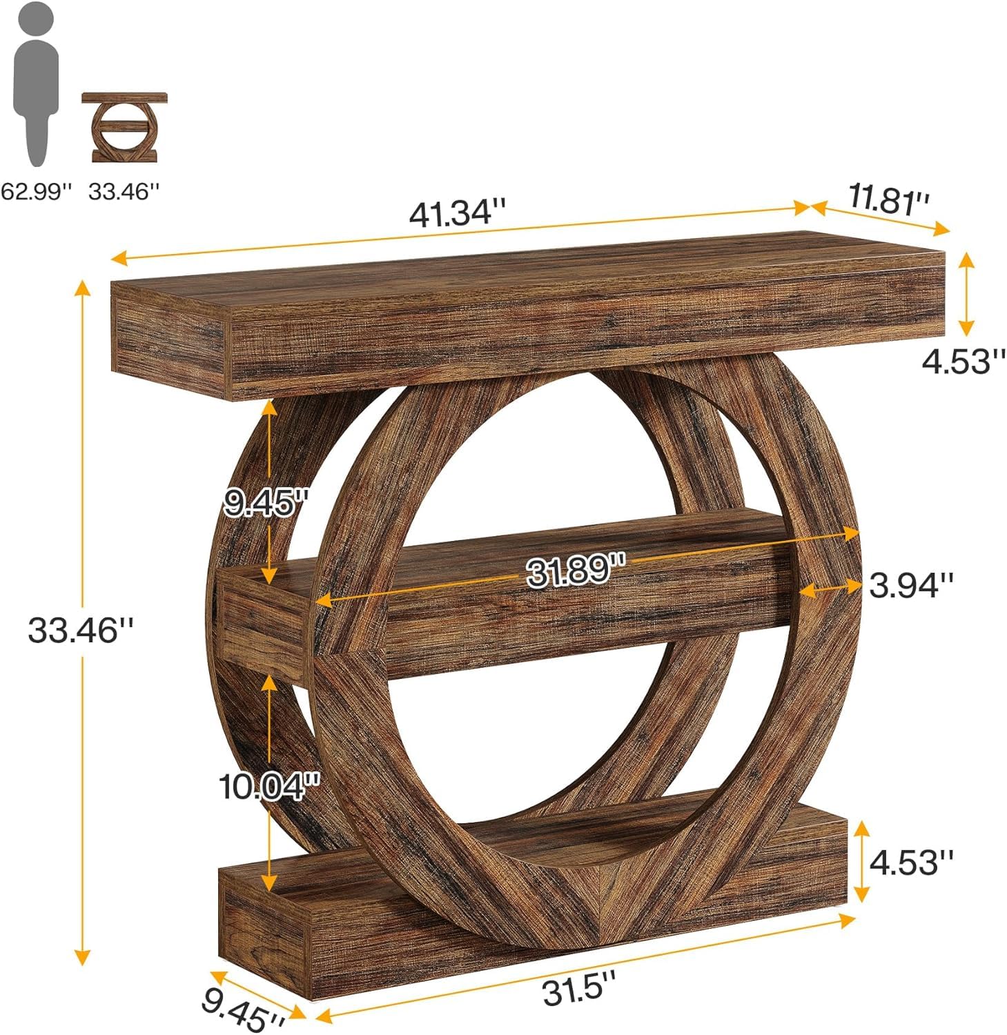 Lailang 105cm Konsola do Przedpokoju, Wąski Stół Konsolowy, Industrialna Konsola Z Półkami, Drewniany Stolik Wejściowy, Konsola do Przedpokoju Loft, 105 x 30 x 80 cm, Rustykalny Brąz