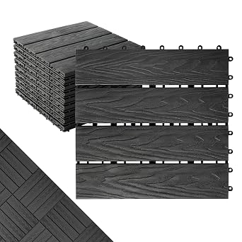 Interlocking Deck Tiles,Outdoor Composite Deck Tile,12x12 Nano-Molecule Composite Decking Boards,Plastic Wood Decking for All Weather Use,Poolside,Backyard,Balcony,Patio9Pcs,Black,9 sqft
