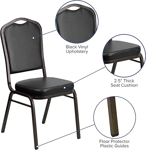 Miniatura 4 de BizChair Silla de banquete apilable con respaldo de corona en vinilo negro - Marco de vena dorada