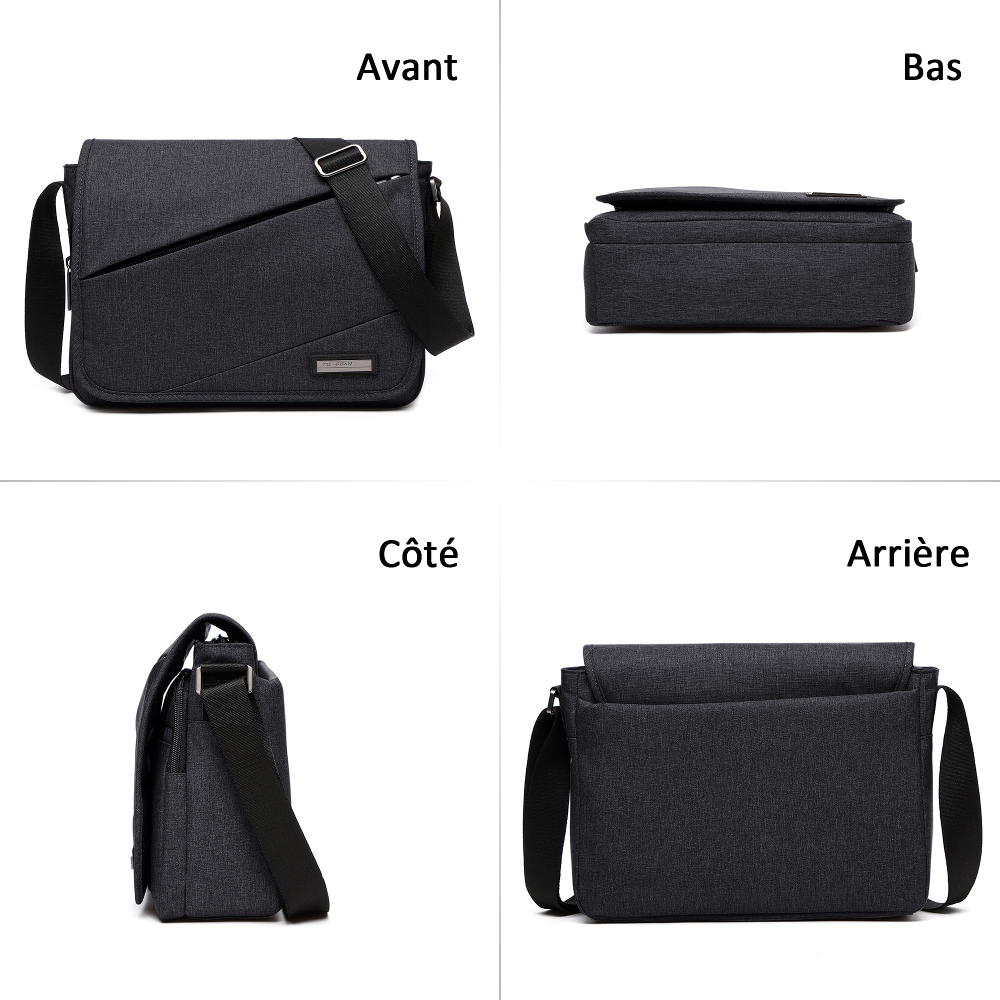 Sac à Bandoulière Homme 13 Pouces Ordinateur Portable Sac Messager Multiples Poches Besace pour Bureau Travail Collège Imperméable Polyester Sacs d'épaule Noir