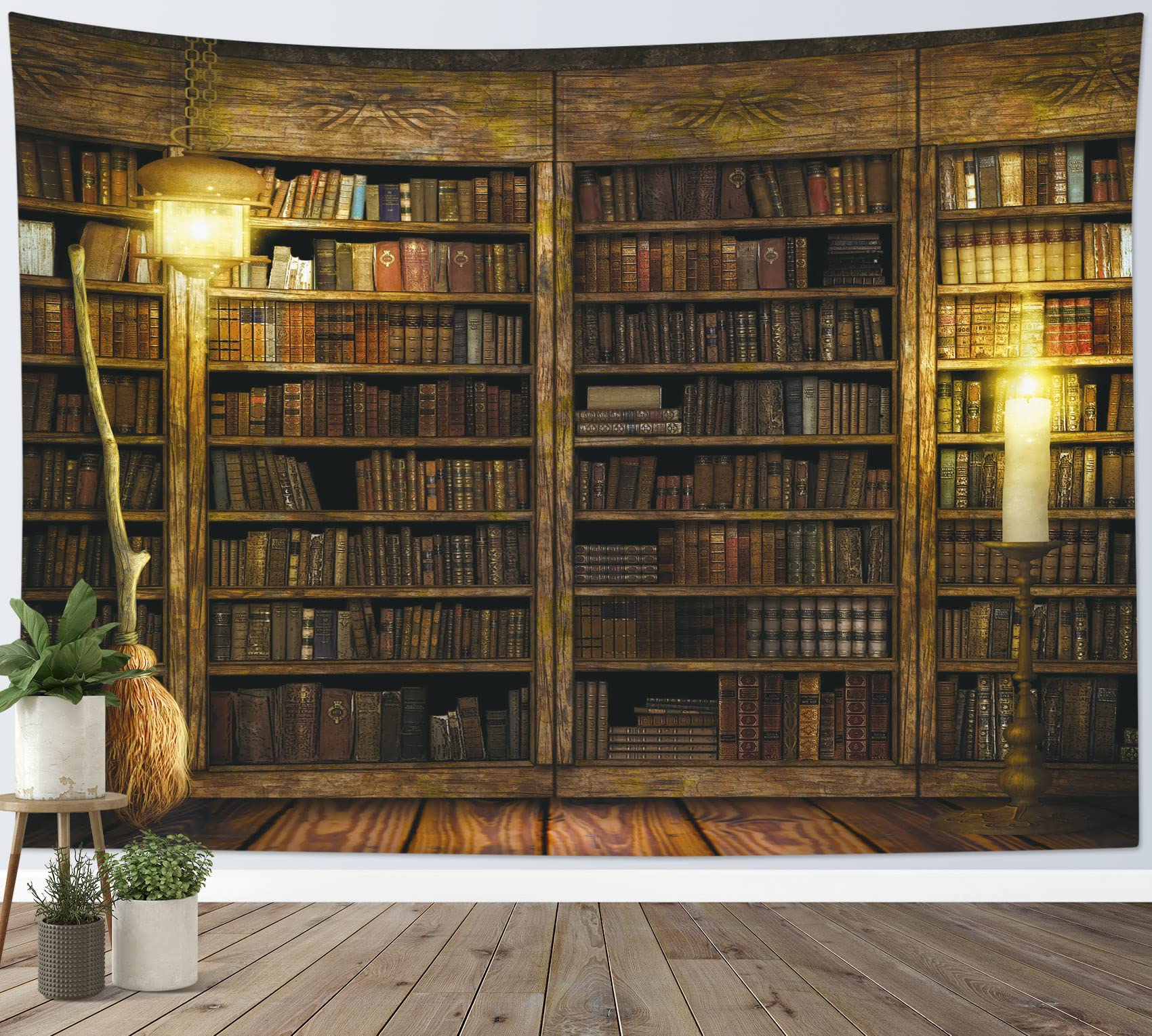 HVEST Bookshelf Vintage Tapestry Wall Hanging Magic Castle Witch Broom Wall Art Bohemian Hippie Tapestry for Bedroom Living Room Dorm Party Wall Decor, 60W X 40H inches