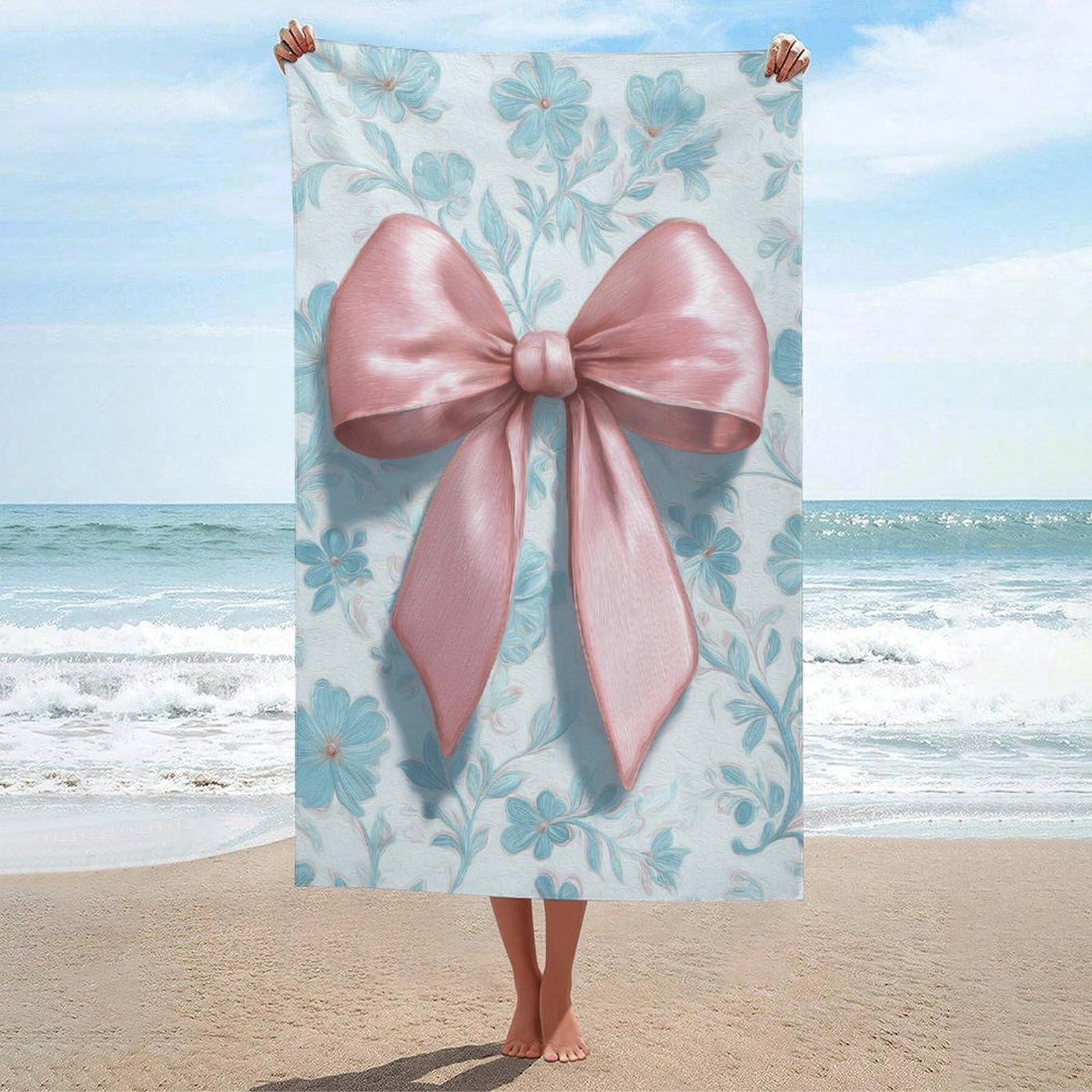 asbwuo Pink Bow with A Pastel Blue Floral Vintage Beach Towel