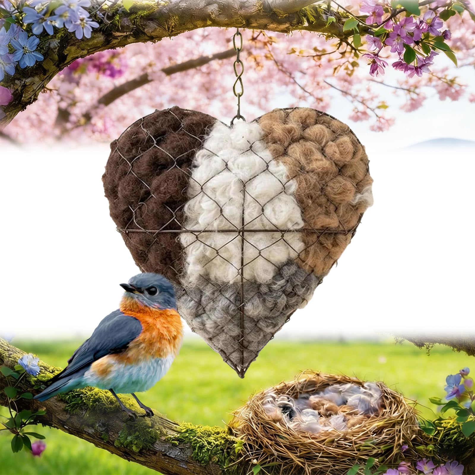 Handgefertigtes Herz Vogelnest aus Alpakafaser, Nachfüllbares Vogelhaus & Nistkasten mit Halterung, Natürliches Winterquartier und Nistmaterial für Vögel, Perfekt für Garten, Terrasse und Balkon