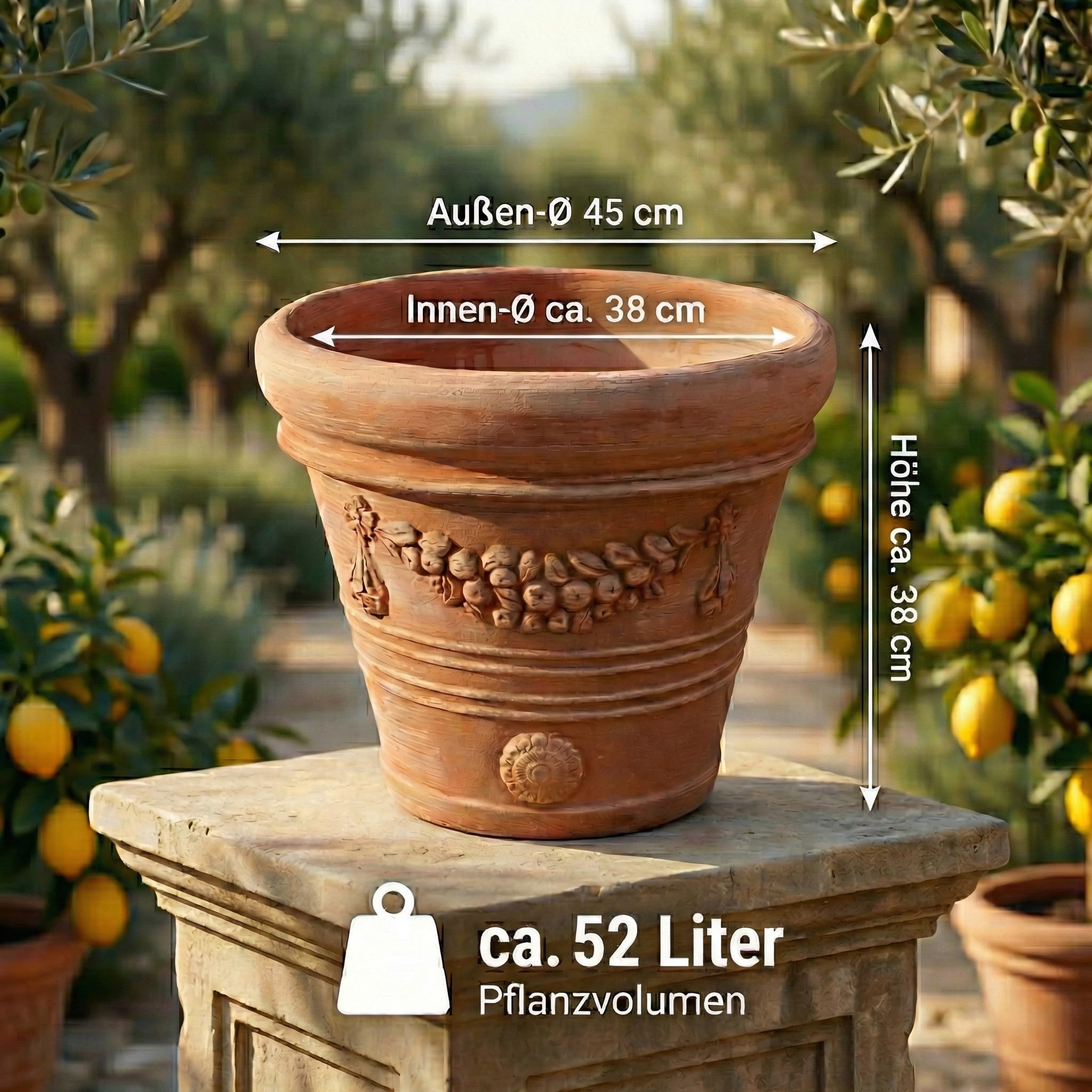 Teramico Pflanzgefäß Blumentopf Übertopf konisch rund Doppio Bordo LISCIO Echtes Terrakotta -Handarbeit- ABSOLUT FROSTFEST (Festonato 45cm)