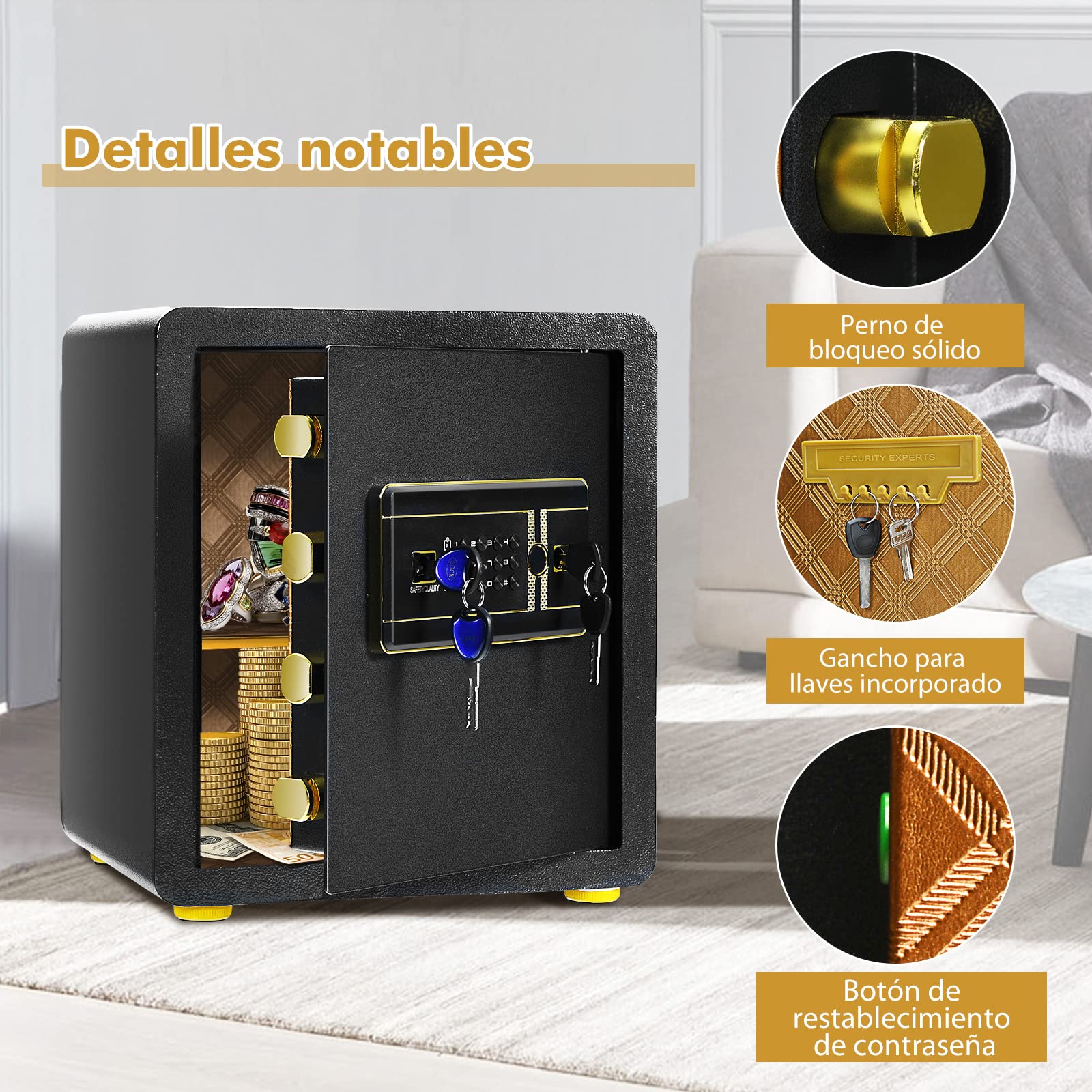 COSTWAY Caja Fuerte con Teclado Digital, Cerradura Integrada y Llaves Dobles de Seguridad, Estante Extraíble para Hogar, Oficina, Hotel (38L)