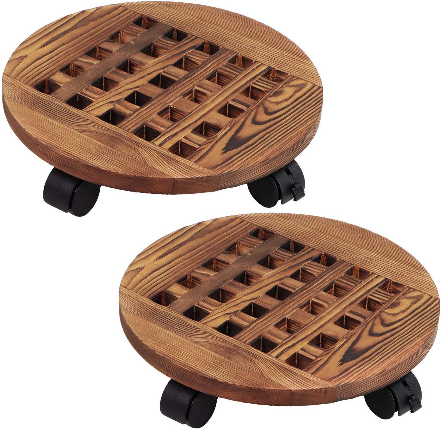 VEVLU Round Planter Caddies , 2 Pack Wood Plant Caddies