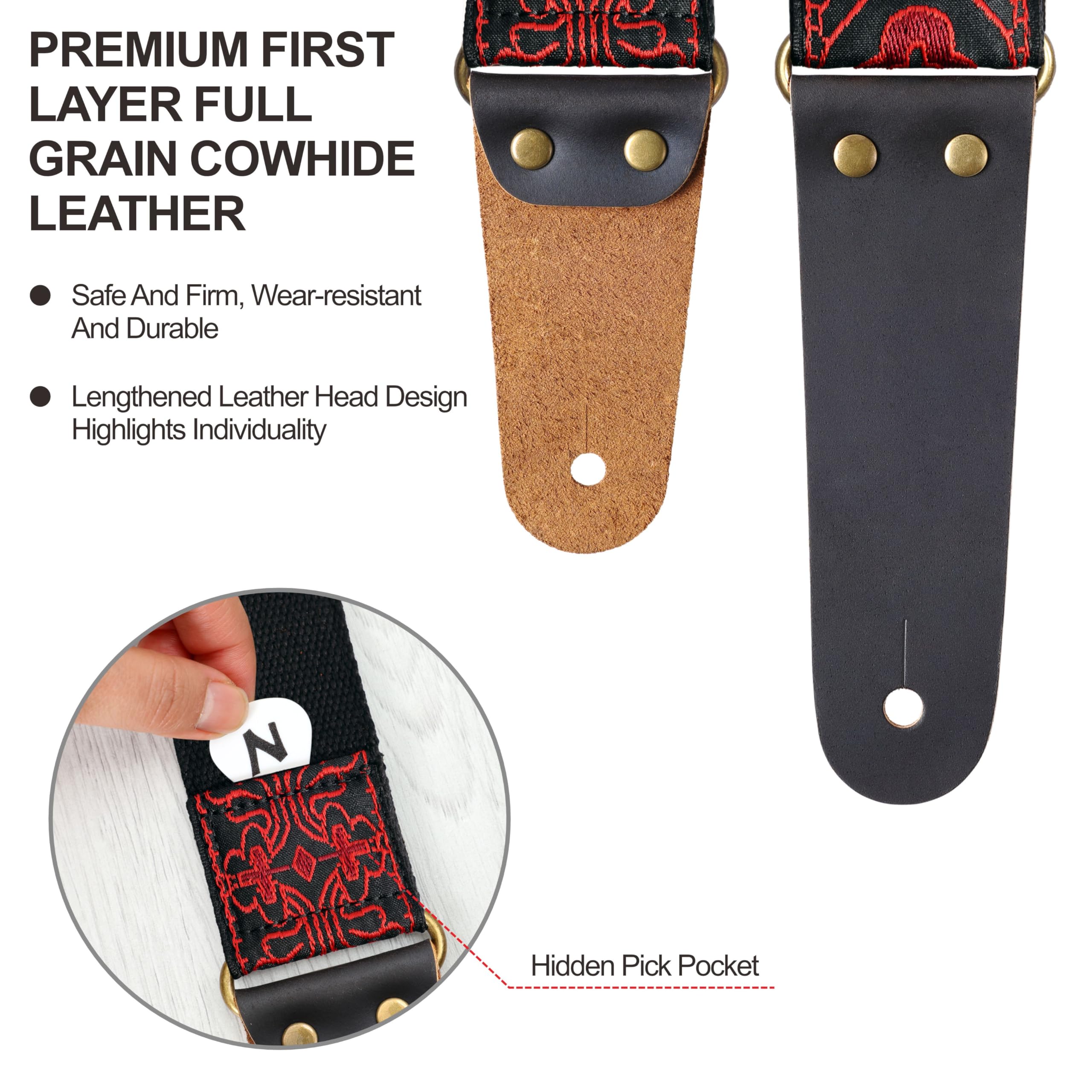 Nefelibata Guitar Strap, Red Cross Embroidery Guitar Straps with Head Cowhide Leather Ends for Bass, Electric & Acoustic Guitars, Free Strap Button, 1 Pair Strap Locks and 4 Guitar Picks
