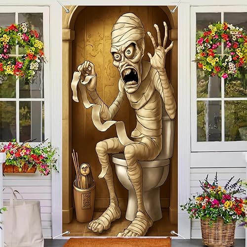 Miniatura 4 de Cubierta de puerta de bienvenida de Halloween de 71 x 35 pulgadas, decoración para interiores y exteriores, decoración de otoño, baño, tema de momia