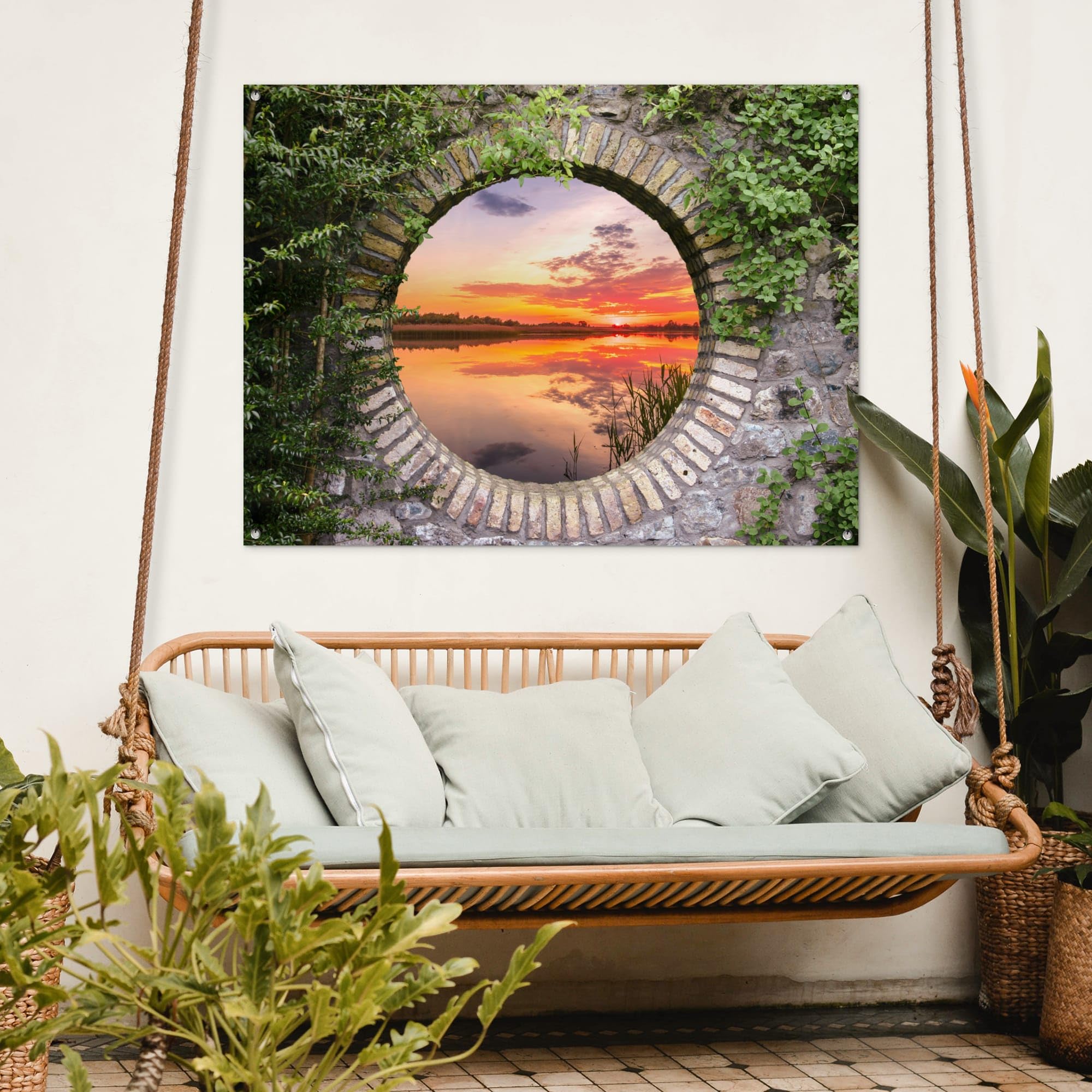 MuchoWow© Gartenposter Outdoor Bilder Gartendeko für draußen Wetterfest | 120x90 cm - Garten Deko Banner Sichtschutzmatte Draußen Bild Meer - Sonnenuntergang - Ausblick