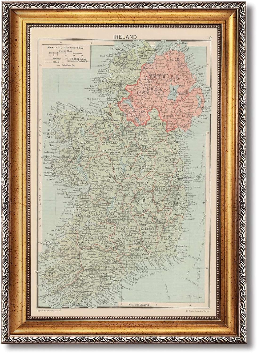 Vintage Framed Ireland Map Wall Art Canvas Print Oil Paintings Reproduction World Classics, Retro Poster, Painting, Pictures, Wall Decor, Home Decor for Office, Living Room, Bar. (Retro Framed,12L"x16W")