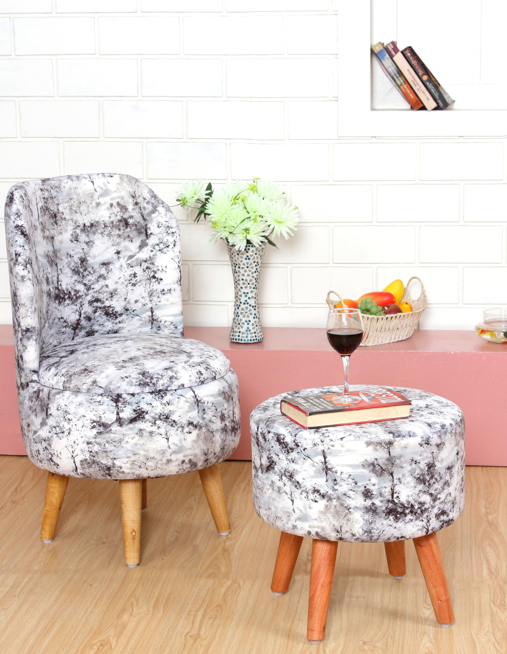 LB TRENDS Sitting Solutions for Home – Wooden Frame Round Ottoman Chair, Soft Cushion Pouffes, Stools Ideal for Living Room, Study & Makeup Table, 32 Inch Height, Chair/Stool Set, BlackGrey-image-34