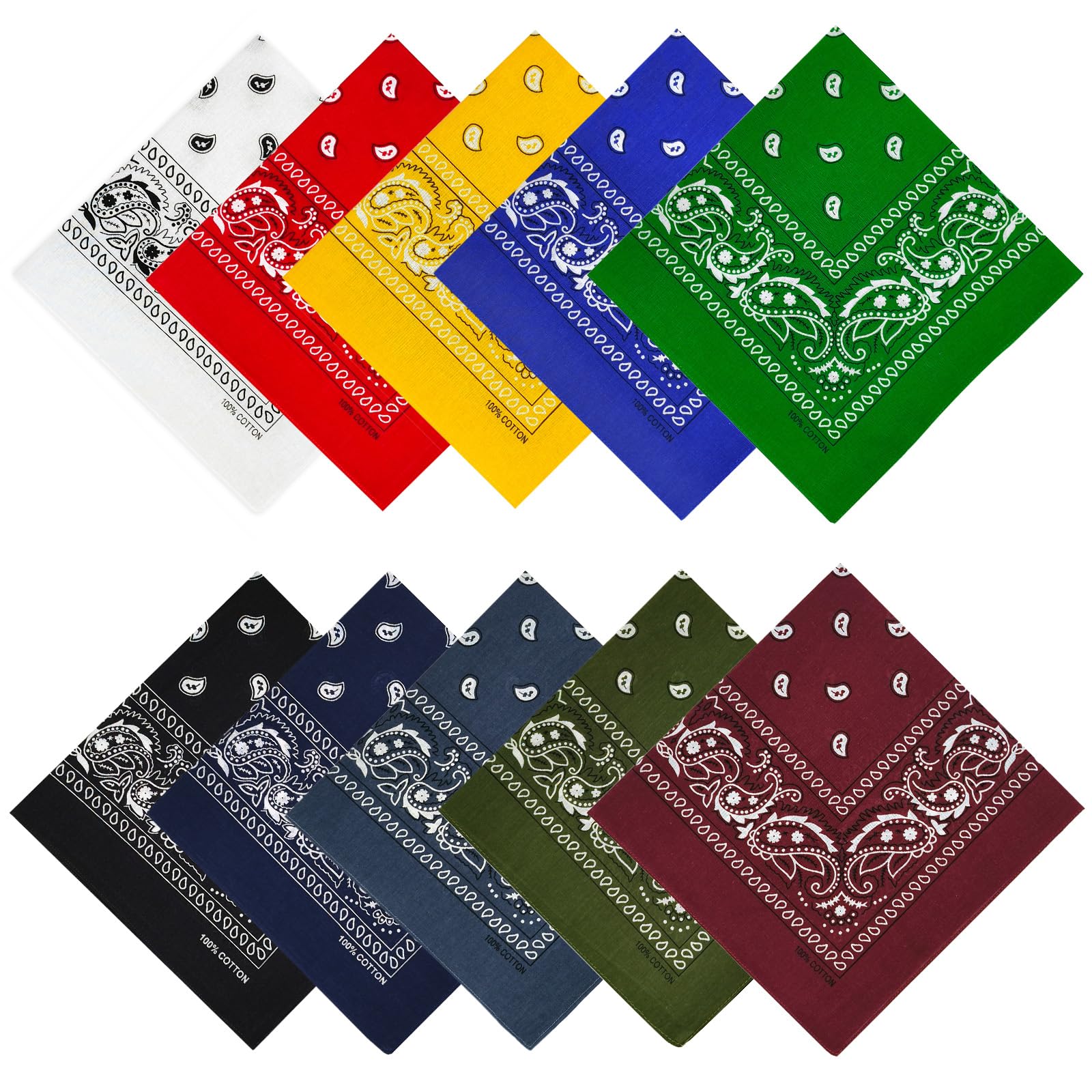 10-Pack 100% Cotton Bandanas 22x22 Inches