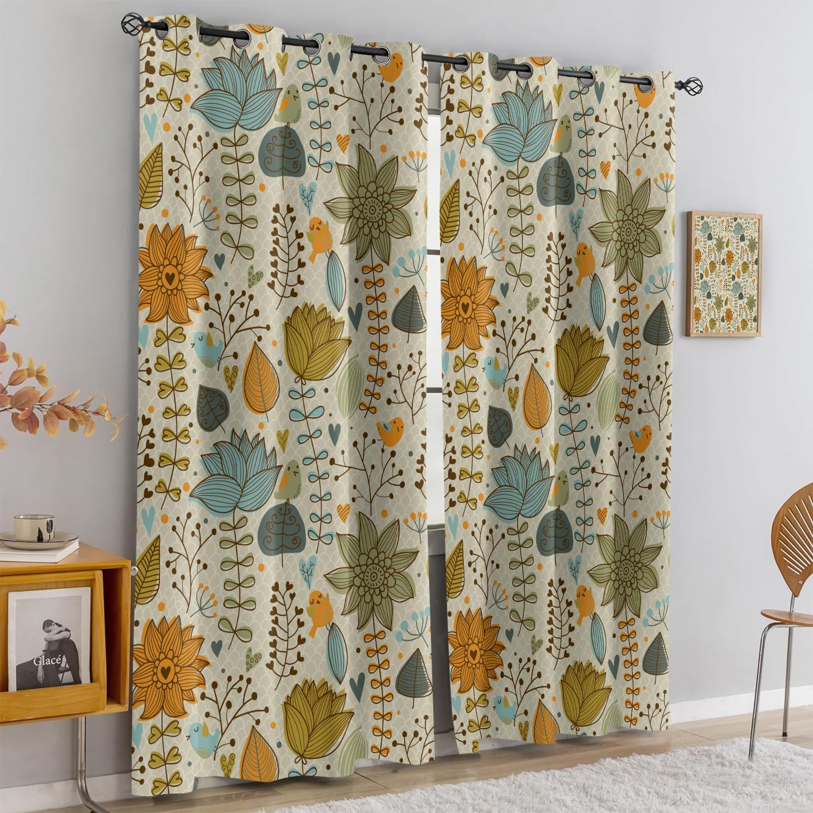 Vintage Verdunkelungsvorhänge Mit Blumen Vögeln Retro Stil Botanisches Tiere Natur Dekorative Gardinen für Wohnzimmer Schlafzimmer Kinderzimmer,2er Set 160x183 cm