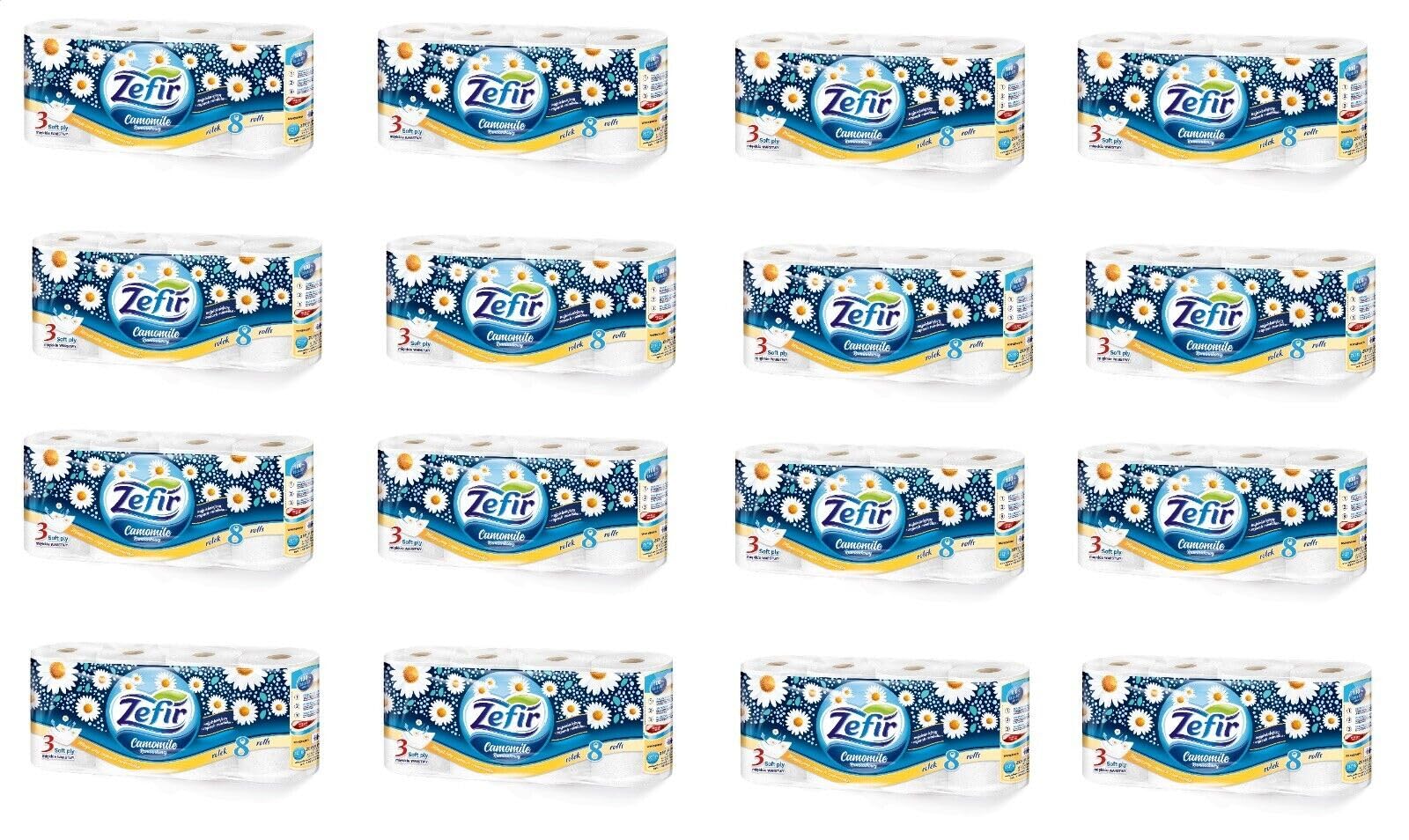 Zefir 128 Rollen Toilettenpapier 157 Blatt, Kamillenpapier, Klopapier, WC-Papier 3 lagig Kamillenduft