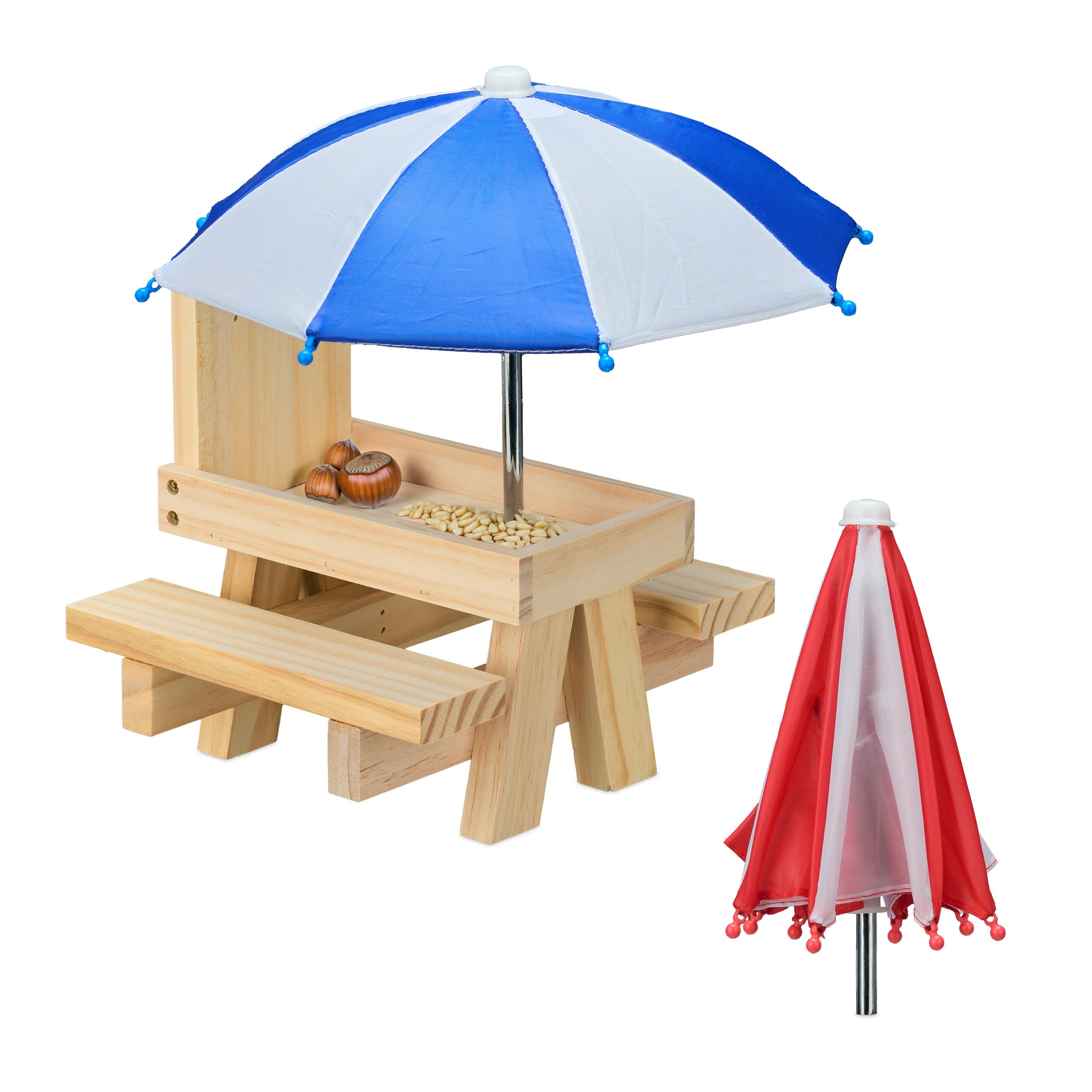 Relaxdays Squirrel Feeder Table, Wood, with 2 Umbrellas, Hanging Feeding Station, Water Trough, Garden, Light Brown