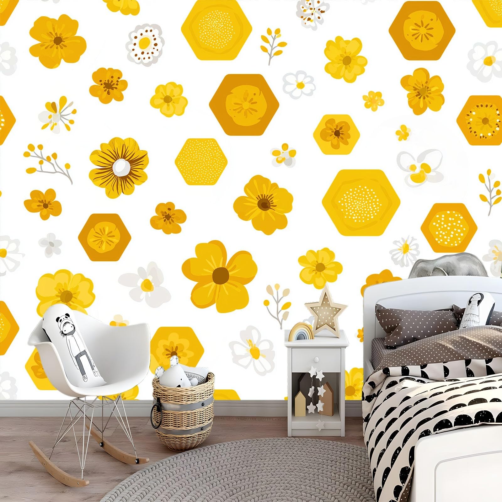 Générique Panoramiczna tapeta Cartoon Flowers Sześciokąty Liście trawy 350 x 256 cm Wysokiej jakości gobelin ścienny z włókniny - dekoracja ścienna, do pokoju dziecięcego i biura biała