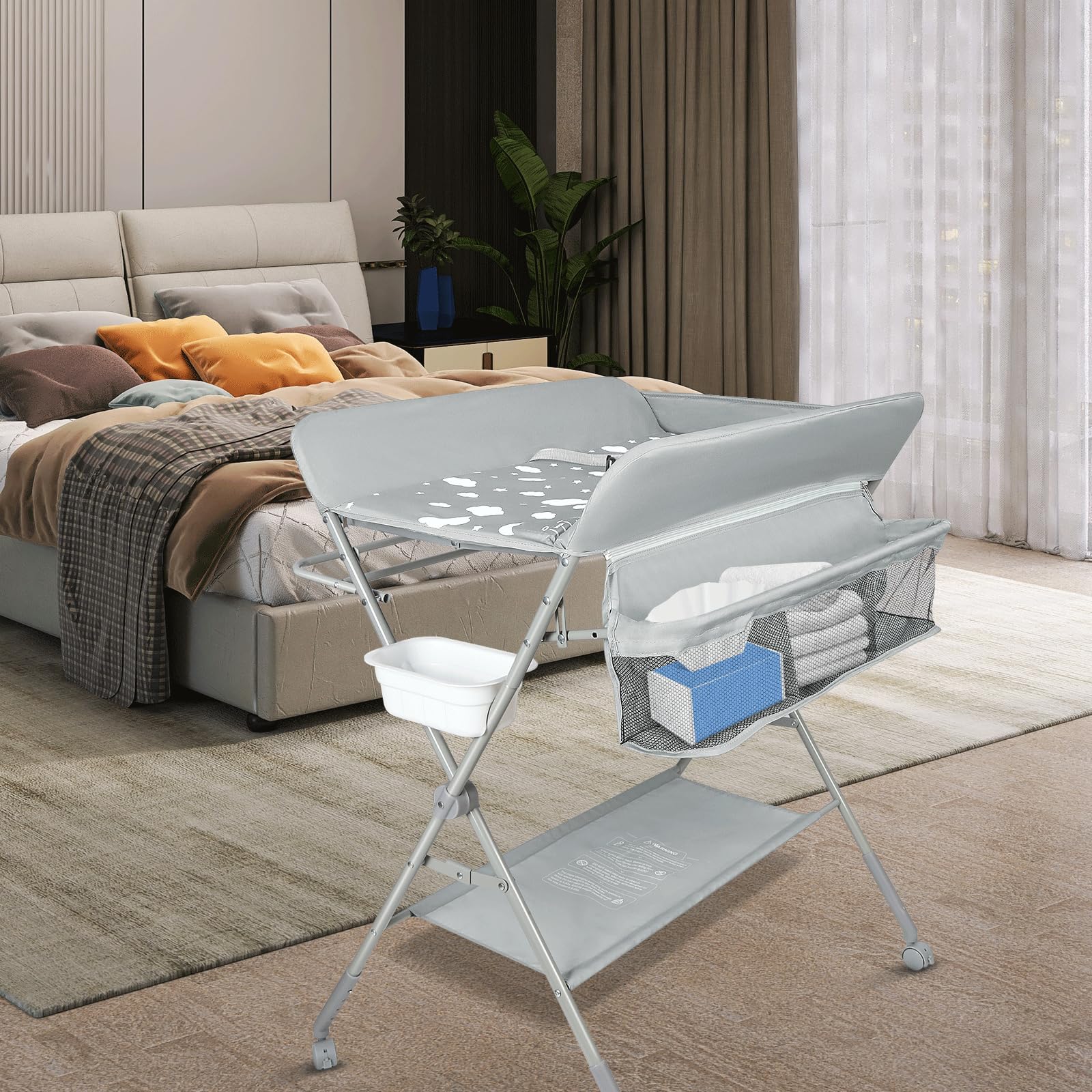 OHMG Table à langer pliante, Pliable et compacte, Table à langer avec panier de rangement, ceinture de sécurité et 4 roues avec frein, Réglable en hauteur