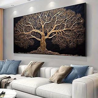 Pintura en lienzo vintage con diseño de árbol de la vida, color marrón dorado, impresión moderna en lienzo, póster para decoración de dormitorio y sala de estar, marco interior de 50 x 100 cm.