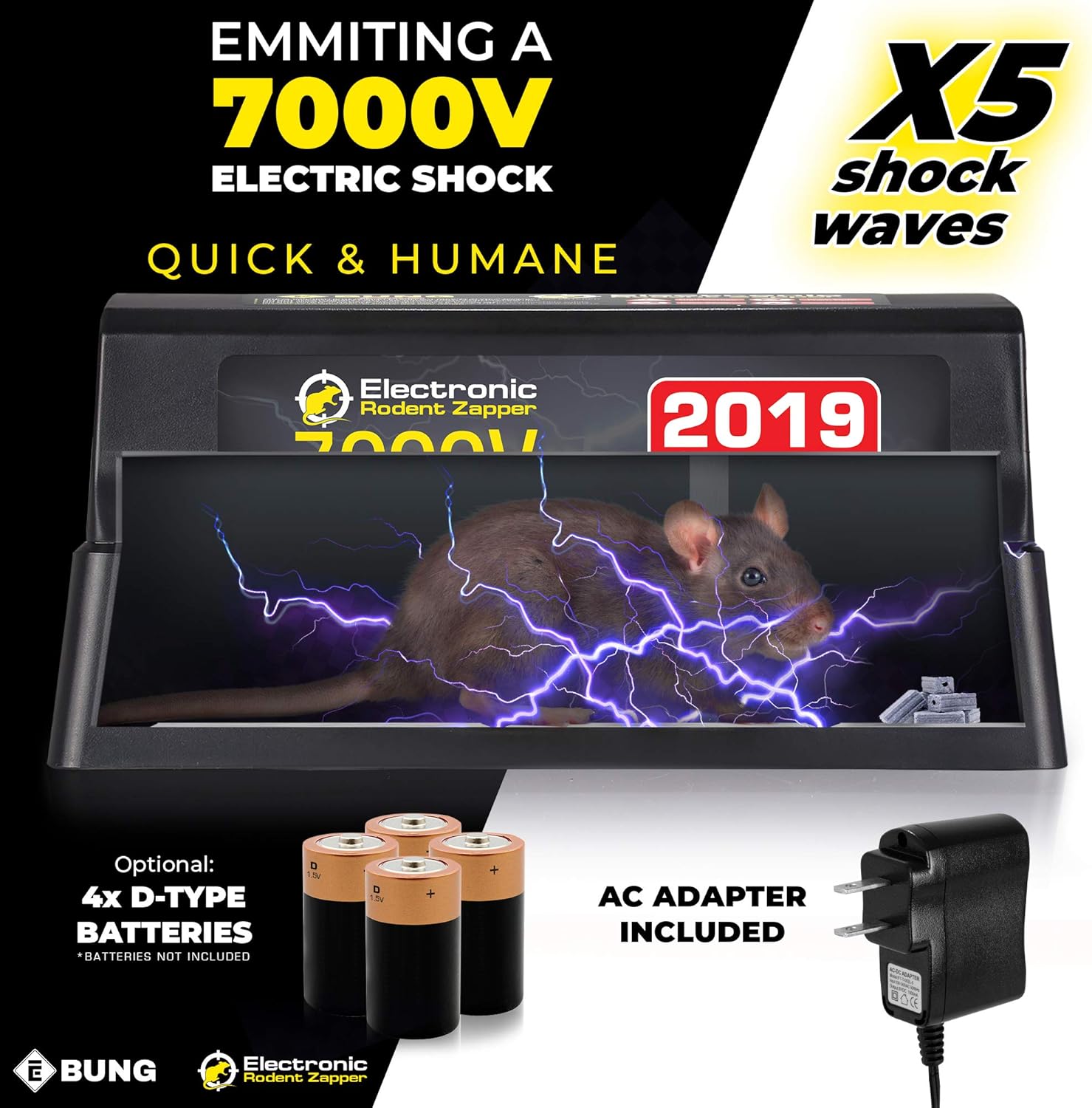 Image illustrating the 7000V electric shock capability and dual power options: 4 D-type batteries (not included) and an included AC adapter.