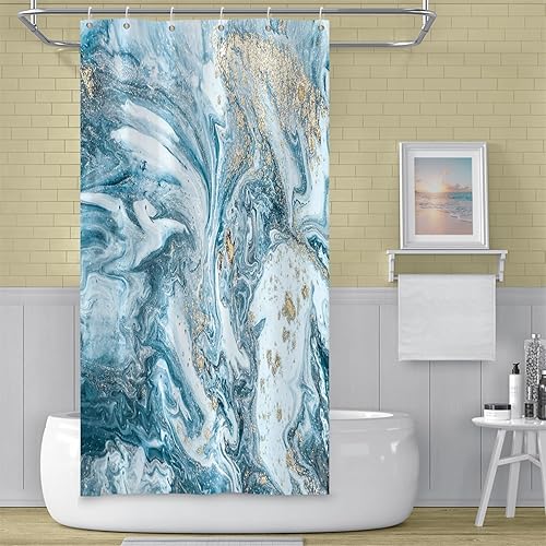 Miniatura 2 de Cortina de ducha de baño de mármol verde azulado, textura abstracta, cortina de baño de arena dorada con ganchos, cortinas de ducha de tela de