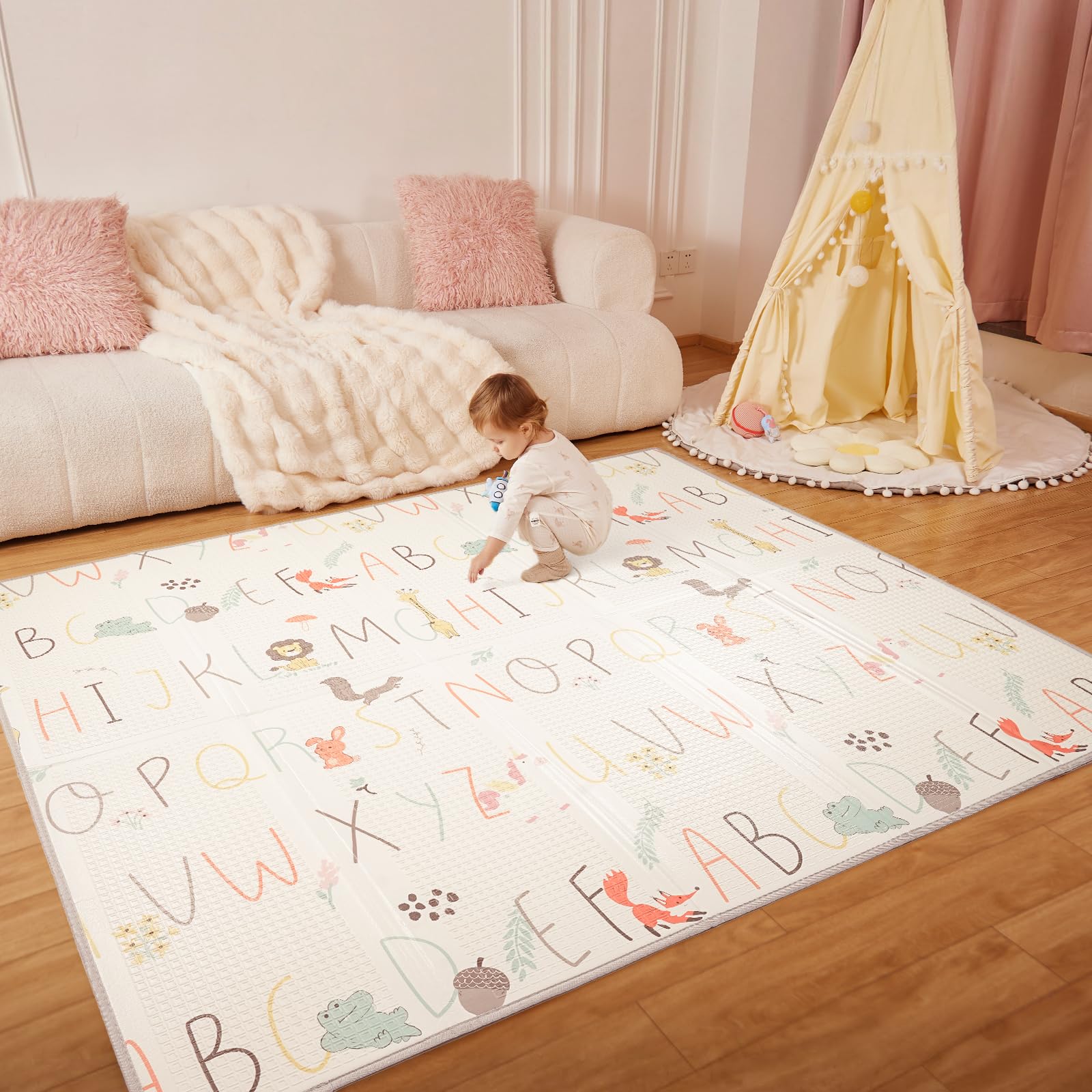 Joypony Play Mat, 150x180 CM Foldable Baby Play Mats for Babies and Toddlers, Waterproof & Anti-Slip Portable Baby Floor Mat, ABC Kids Play Mat for Floor with Travel Bag (Alphabet)