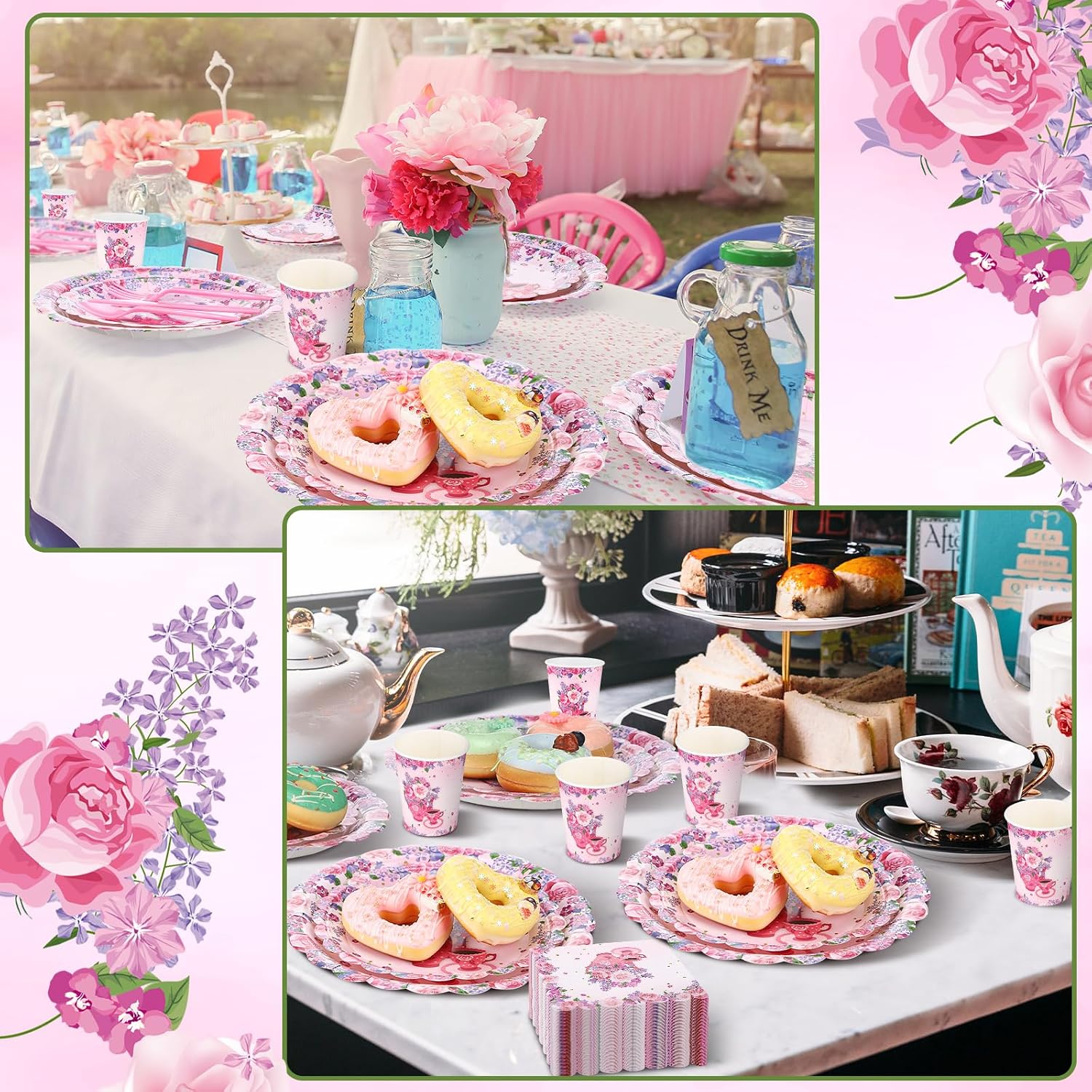 Havawish 400 Pcs/50 Sets Tea Party Supplies Disposable Tableware Pink Floral Dinnerware Set with Paper Plates Napkins Flower Cups Plastic Spoons Forks Knives for Birthday Wedding Baby Shower Tea Party