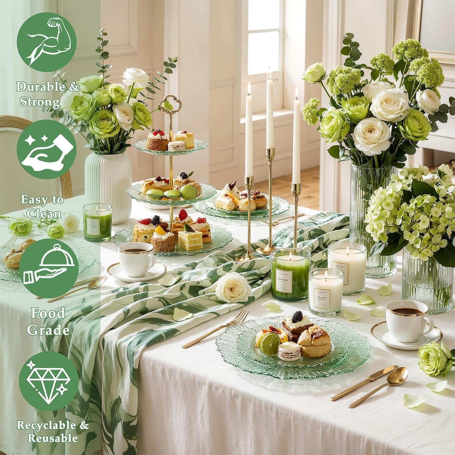 I00000 60 Pcs Green Plastic Plates, Clear Green Disposable Party Plates, Premium Plastic Plate Disposable Include 30 Dinner Platos 10" & 30 Dessert Platos 7" Perfect for Wedding & Party
