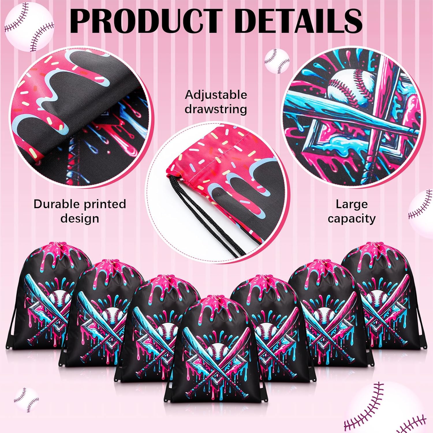 Sunnymove 12 Pcs Ice Cream Drip Baseball Drawstring Bag Sport Party Goodie Favor Baseball Gifts Bag Candy Treat Sackpack Goodie Favor for Sport Teams Birthday Theme Party Supplies (Black Ice Cream) - Image 2