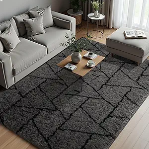Zentavio Area Rugs for Living Room Large Rugs for Bedroom 6x9 Carpet Fluffy Fuzzy Soft Shag Aesthetic Plush High Pile Gray Throw Rug for Nursery Kids Room Dorm Triangle Grey