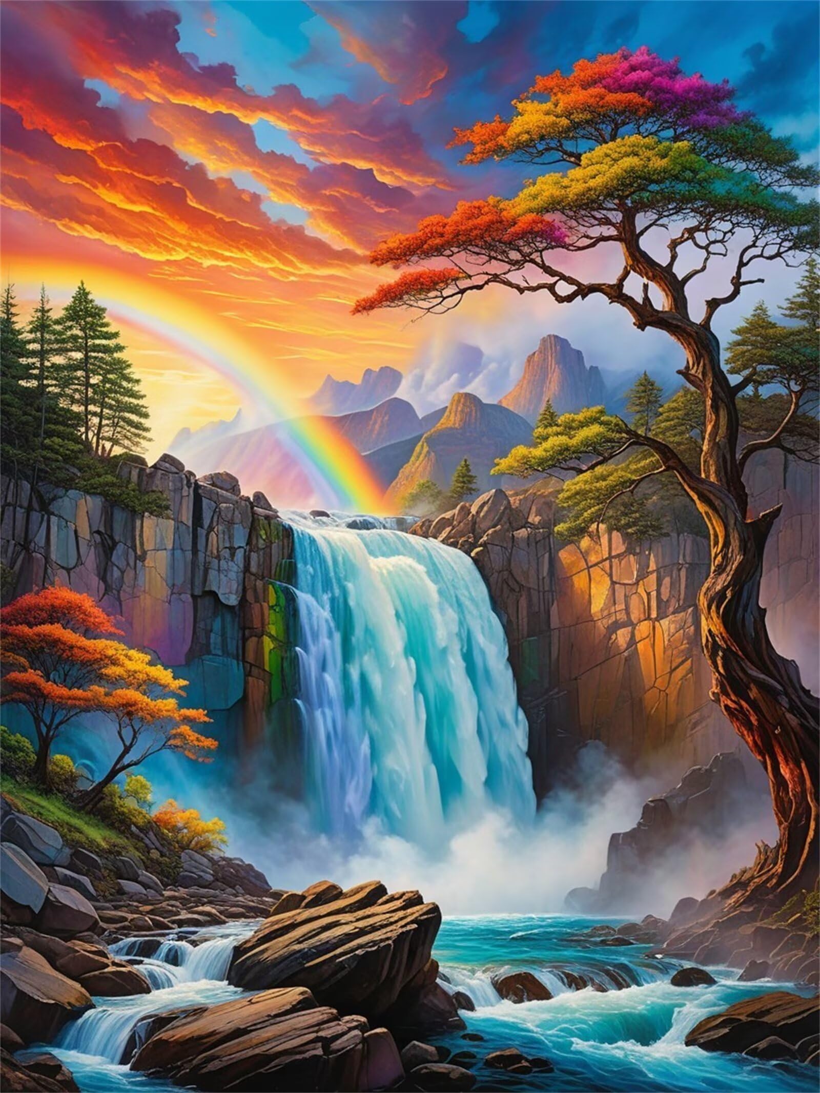 Puzzle 4000 sztuk dla dorosłych 141 x 87 cm, tęczowe drzewa wodospadowe klasyczne łamigłówki, trudne trudne trudne łamigłówki rodzinna gra i dekoracja ścienna