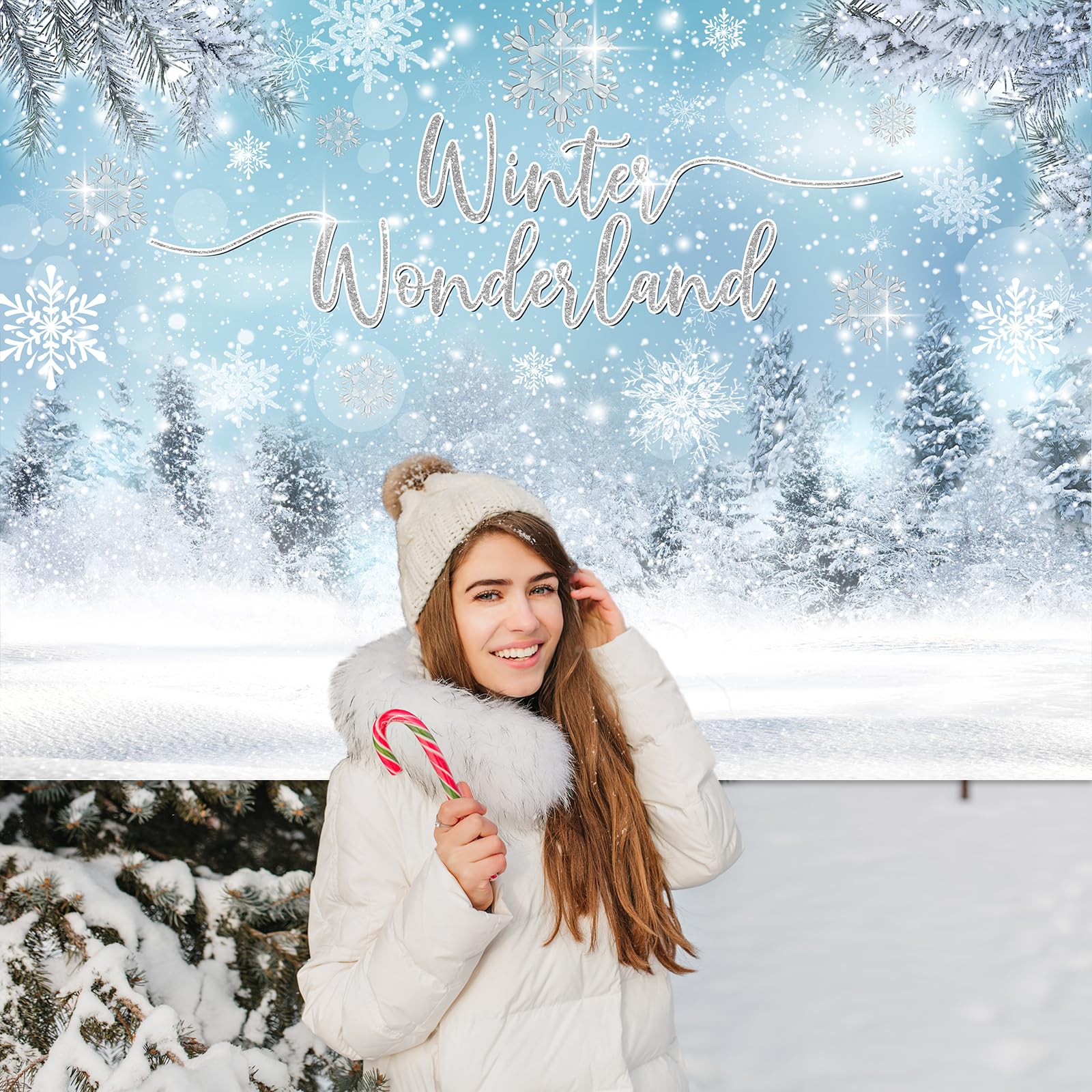 Avezano Winter Wonderland Backdrop Banner – 70.8x43.3 Inch, Snowflake Photo Booth Background - View #10