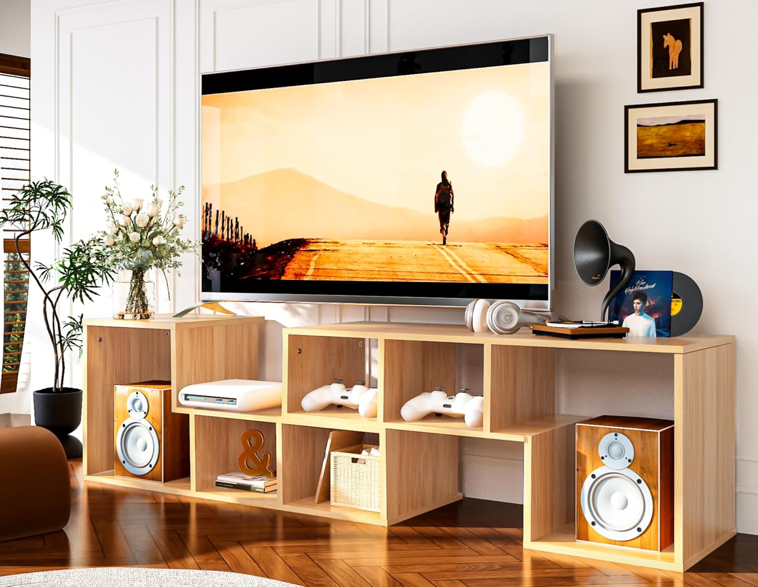 Recaceik Cube Bookshelf 2 Shelf Bookcase L-Shaped TV Console Stand Modern Entertainment Center with Open Storage Shelves for CDs/Movies/Books for Living Room, Bedroom, Home Office (Oak)