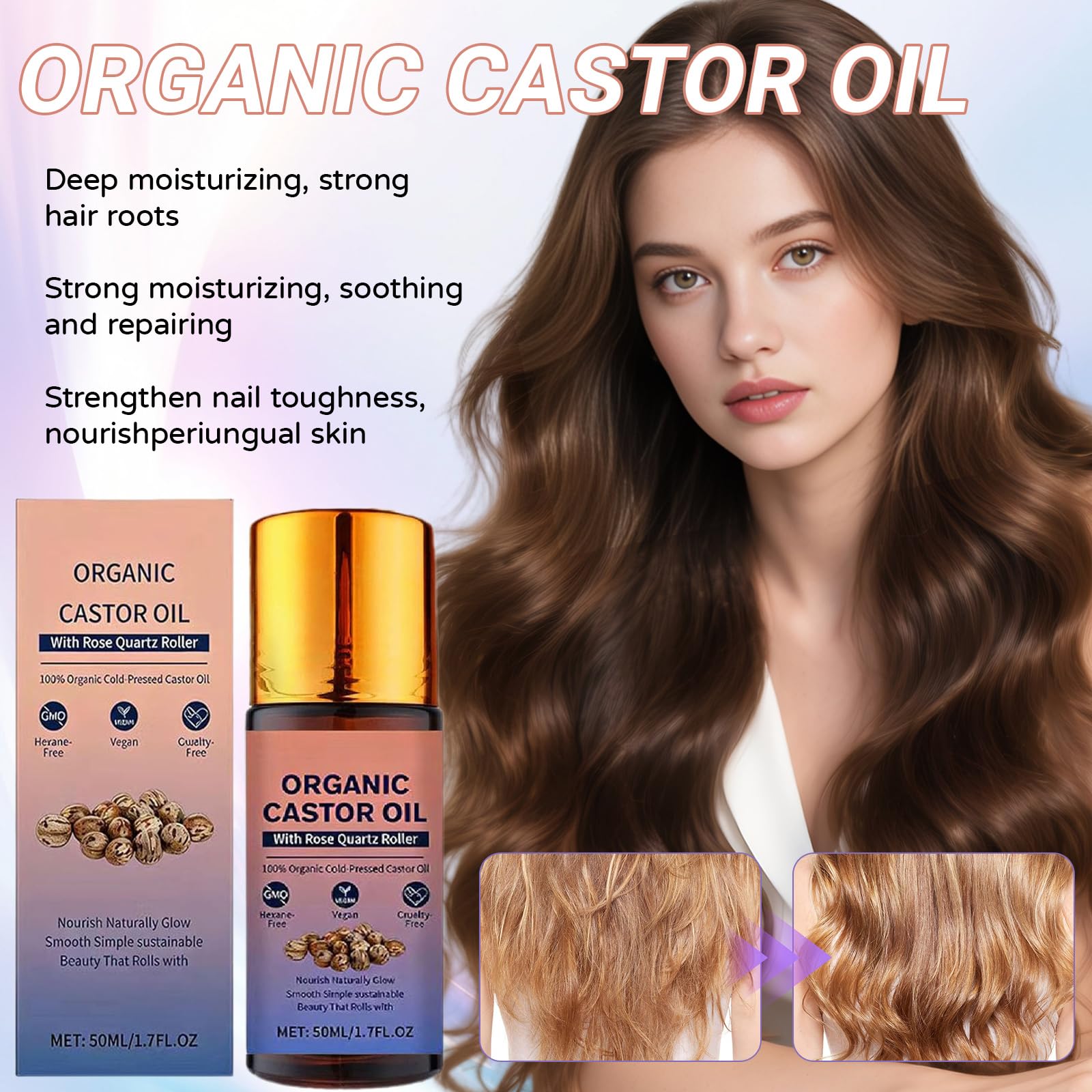 DESIYUE Organic Castor Oil Roll On with Rose Quartz Roller, 100% Castor Oil Organic Cold Pressed, Castor Oil Rose Quartz Roller Ball for Face and Body, Hair, Eyebrows, Moisturize Skin (1PC) - 2