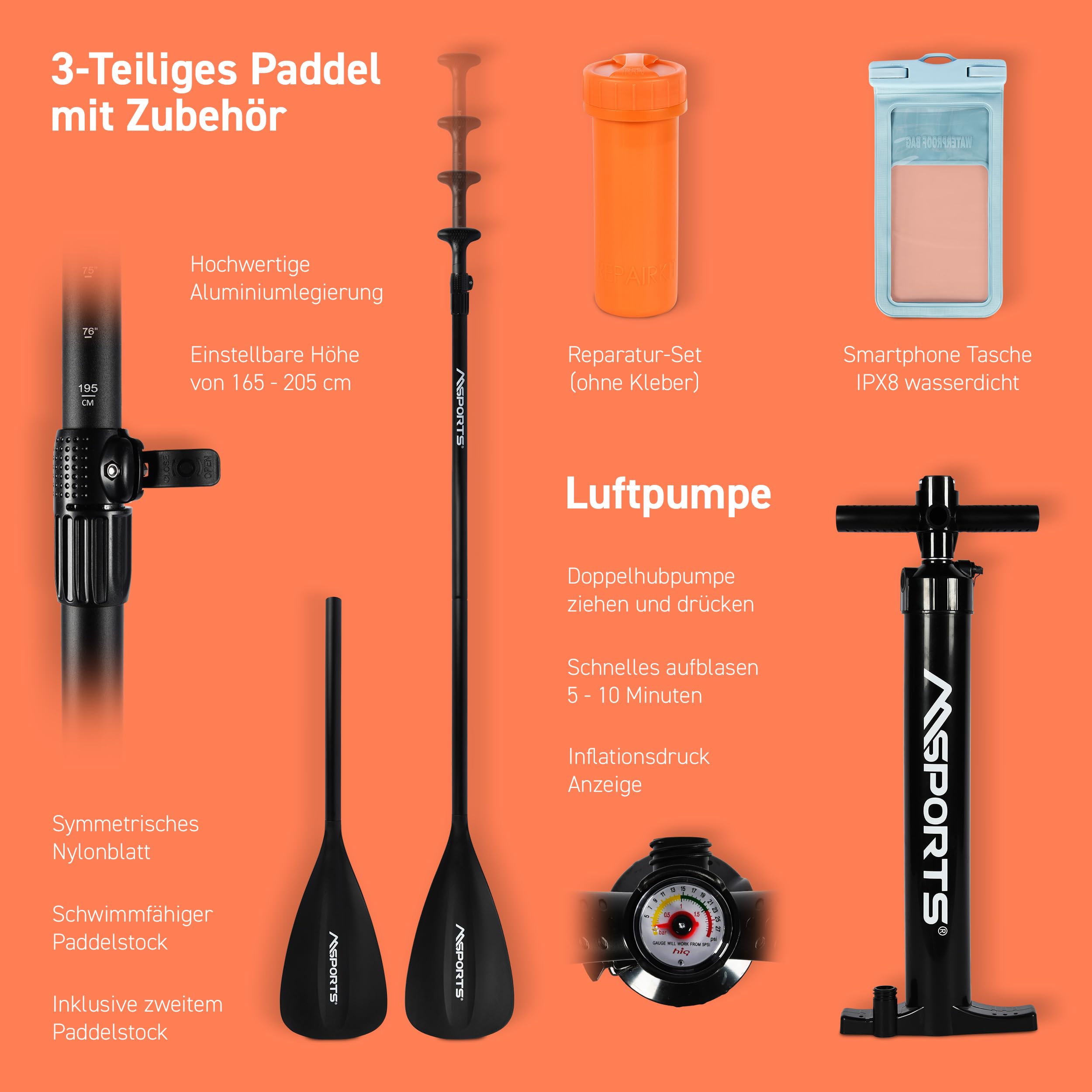 MSPORTS SUP - Stand Up Paddling Board - Aufblasbar Komplettes Paddleboard Zubehör Verstellbares Paddel, hochwertige Pumpe + 2X Paddelstock + wasserdichte Smartphone Tasche + Multifunktionstasche