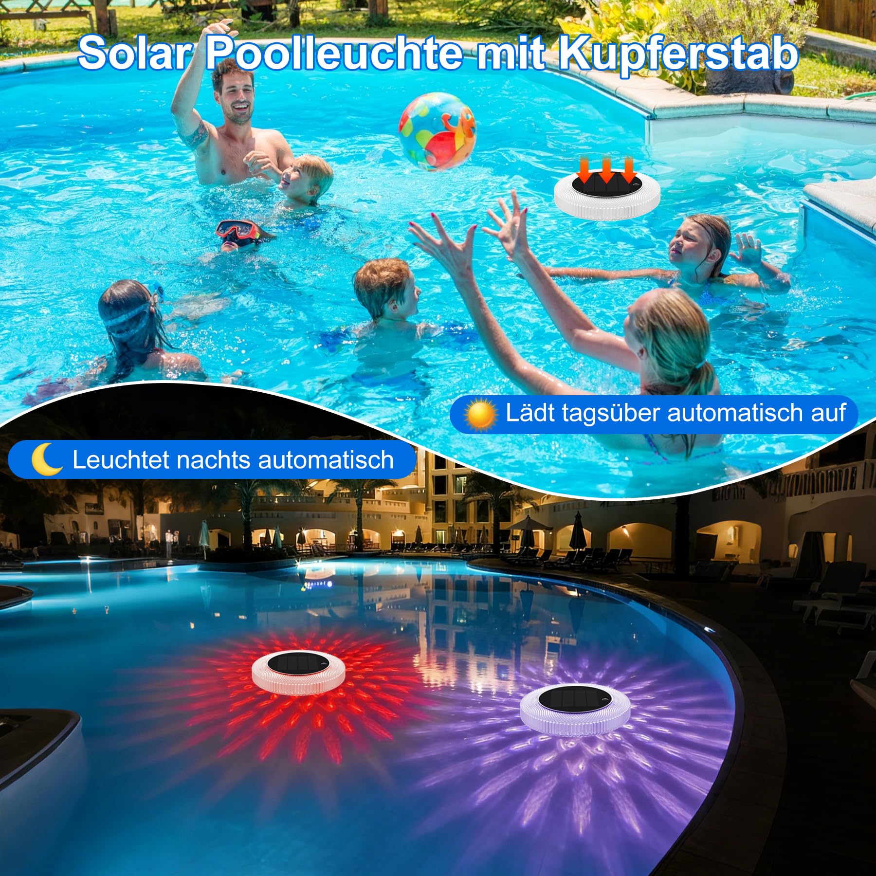 sylvwin Solar Pool Ionisator mit Kupferanoden, Schwimmender Wasserreiniger mit Kupferanode für Schwimmbäder, Solar Poolbeleuchtung, RGB Solarleuchten, Wasserreiniger Für Pools Und Spas