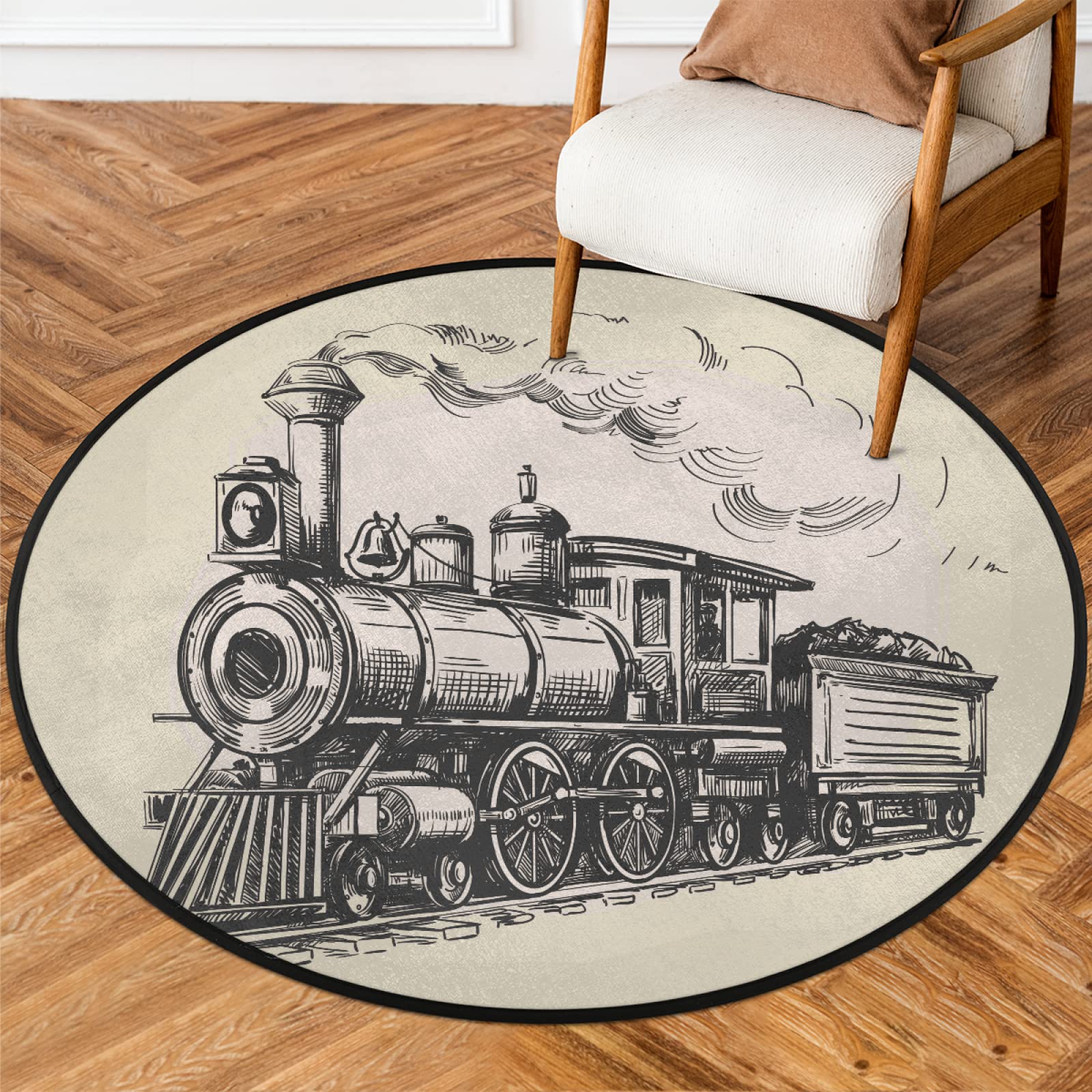 Tapis rond rétro de 91,4 cm, lavable en machine, motif train à vapeur, antidérapant, doux, pour salon, chambre d'enfant, chambre d'enfant