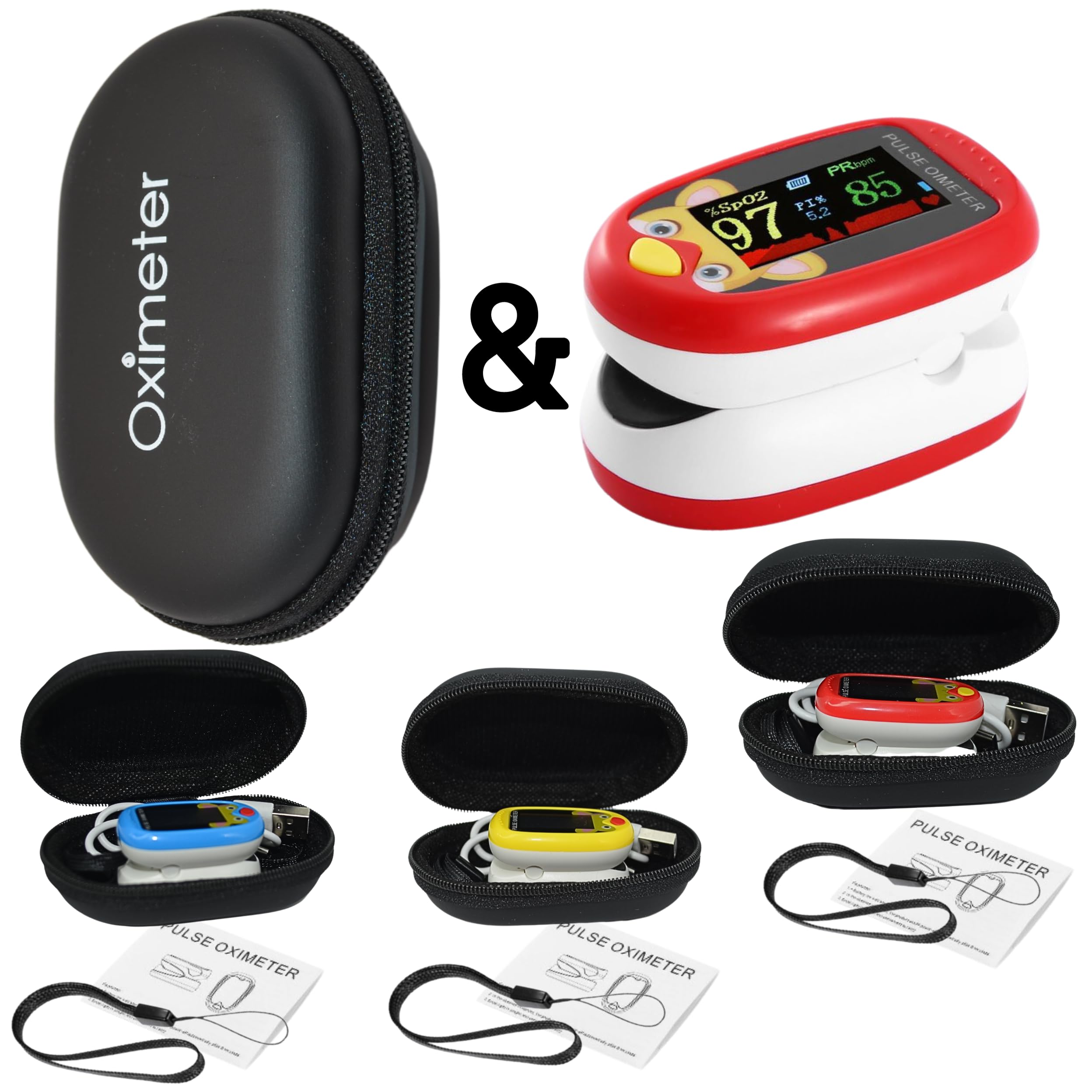 Pediatric Pulse Oximeter & Storage Zipper Case Heart Rate Stats Monitor Kids Finger Blood Oxygen Saturation Monitoring NHS Children SpO2 Detection Levels TFT Lanyard & USB (Red Kids Oximeter)