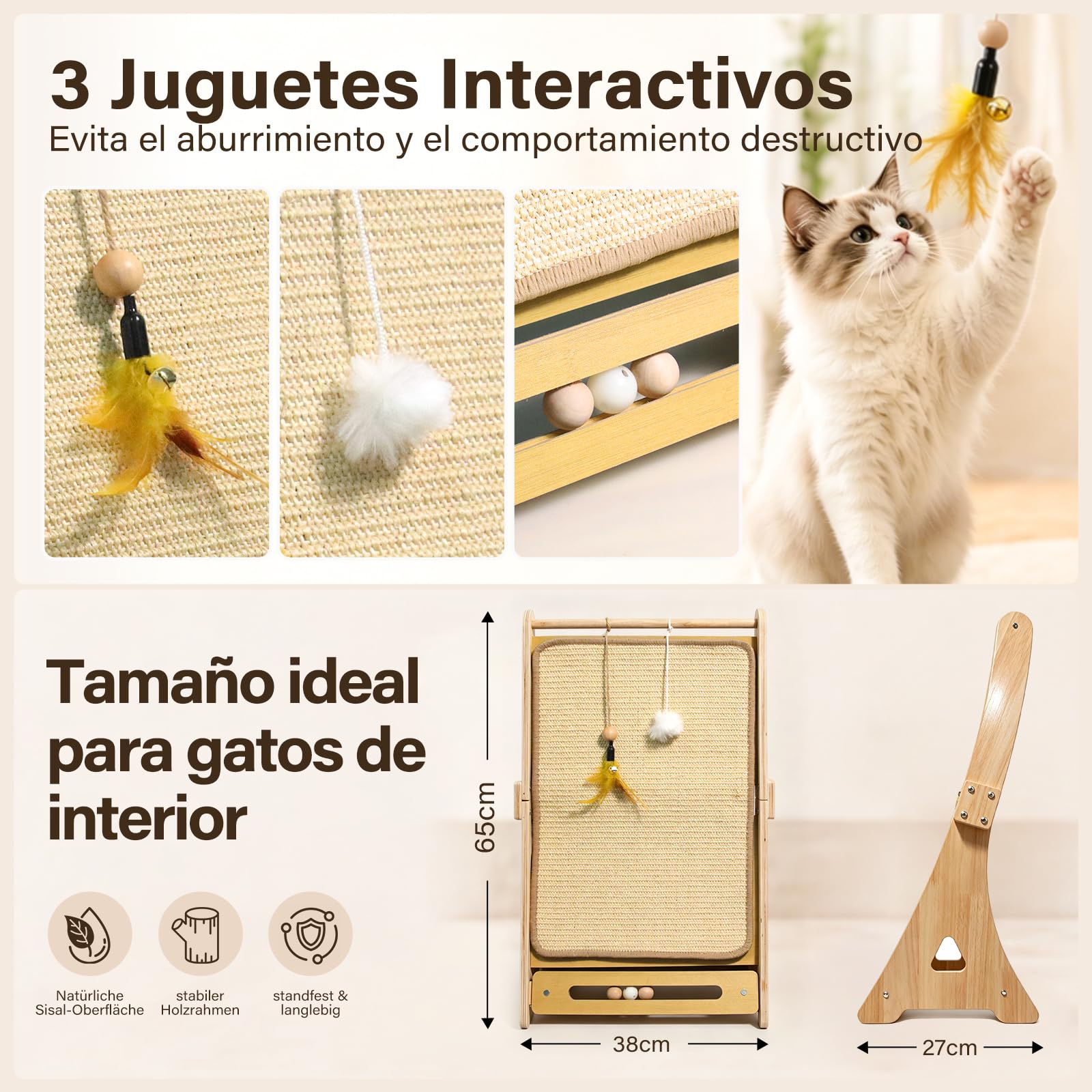 DONWEI Rascador para Gatos Sisal, Curvo Apto Pared y Esquina Todo Felinos | Torre Ergonómica 60° Doble Uso, Base Haya Maciza, Rascador Sisal Denso Reemplazable, 3 Juguetes Para Gatos Grandes, 65CM