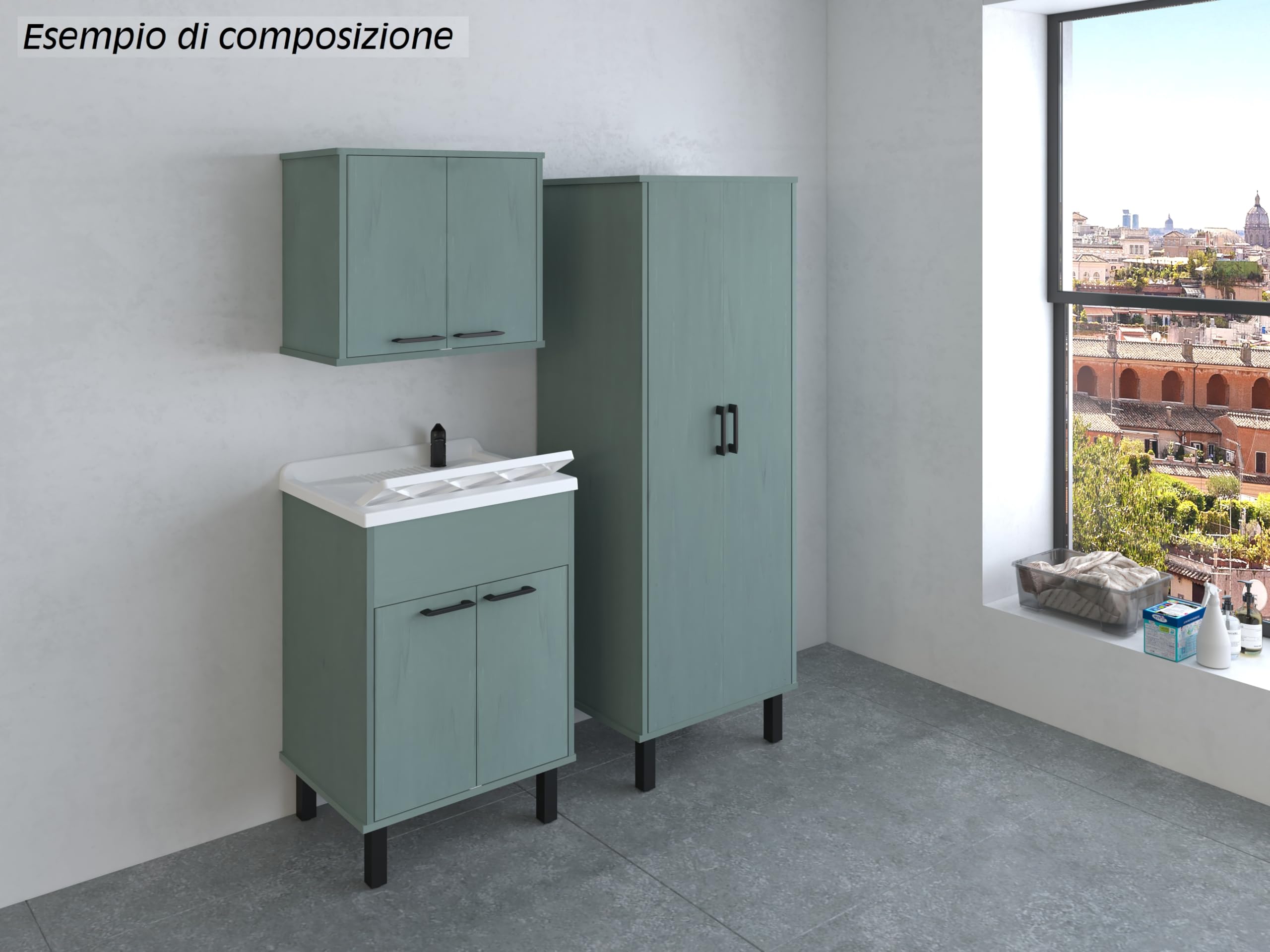 Negrari Mobile Lavatoio in PVC con vasca in PP, Resistente agli acidi di uso comune, Resistente all'umidità, Kit di scarico incluso, Interno e Esterno, L60 x P50 x H85 cm, Colore Verde Scuro