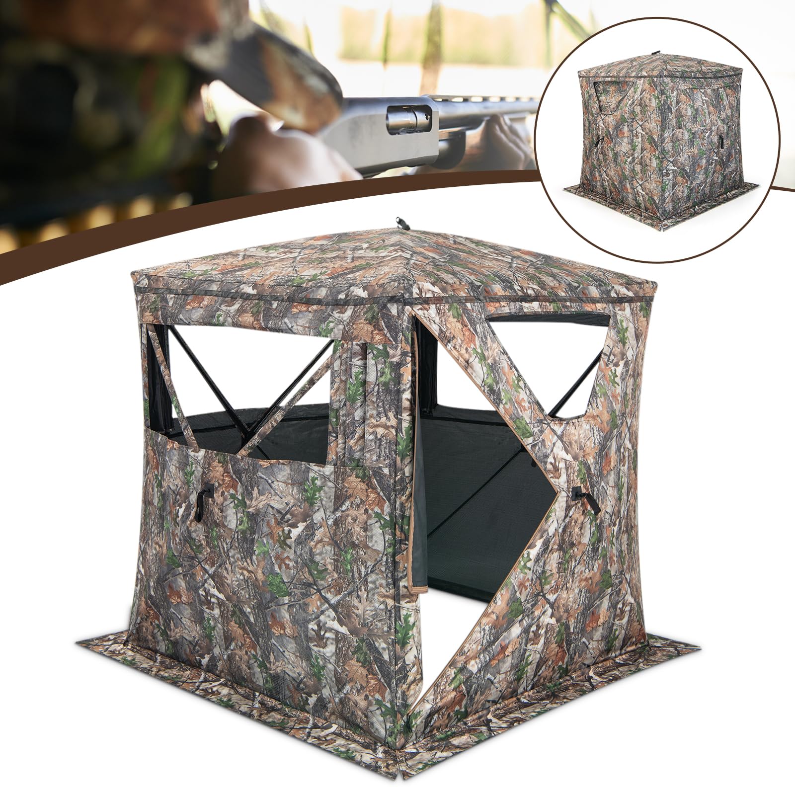 GYMAX Tenda da Caccia, Tenda Portatile e Pieghevole per 2-3 Persone con Vista a 270 Gradi, 8 Robusti Picchetti per Terreni, 4 Corde di Ancoraggio, Sacca Portaoggetti, 147 x 147 x 168 cm