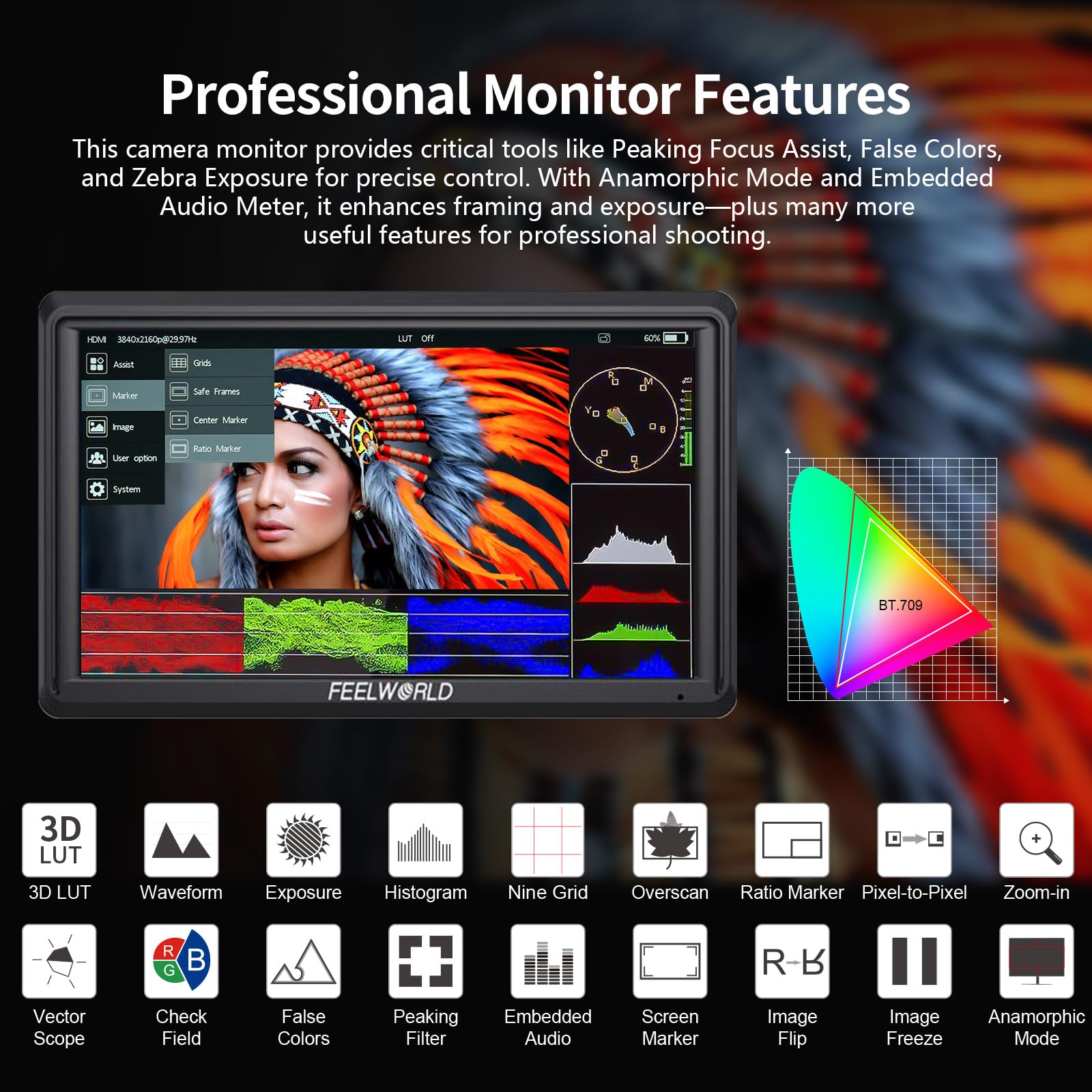 FEELWORLD FW568 V3 Monitor da Campo per Fotocamera, 15,2 cm IPS, 1920x1080, HDMI, 450cd/m², Supporto 4K