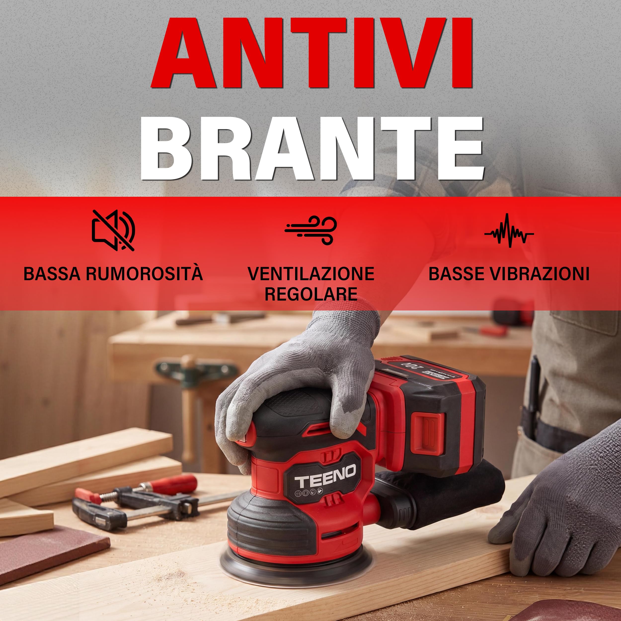 TEENO Levigatrice Orbitale a batteria 4A丨Platorello 125 mm | Levigatrici Eccentriche senza fili 20V丨6000-12000 giri/min丨6 Velocità丨25 carte vetrate丨Sacco Polvere