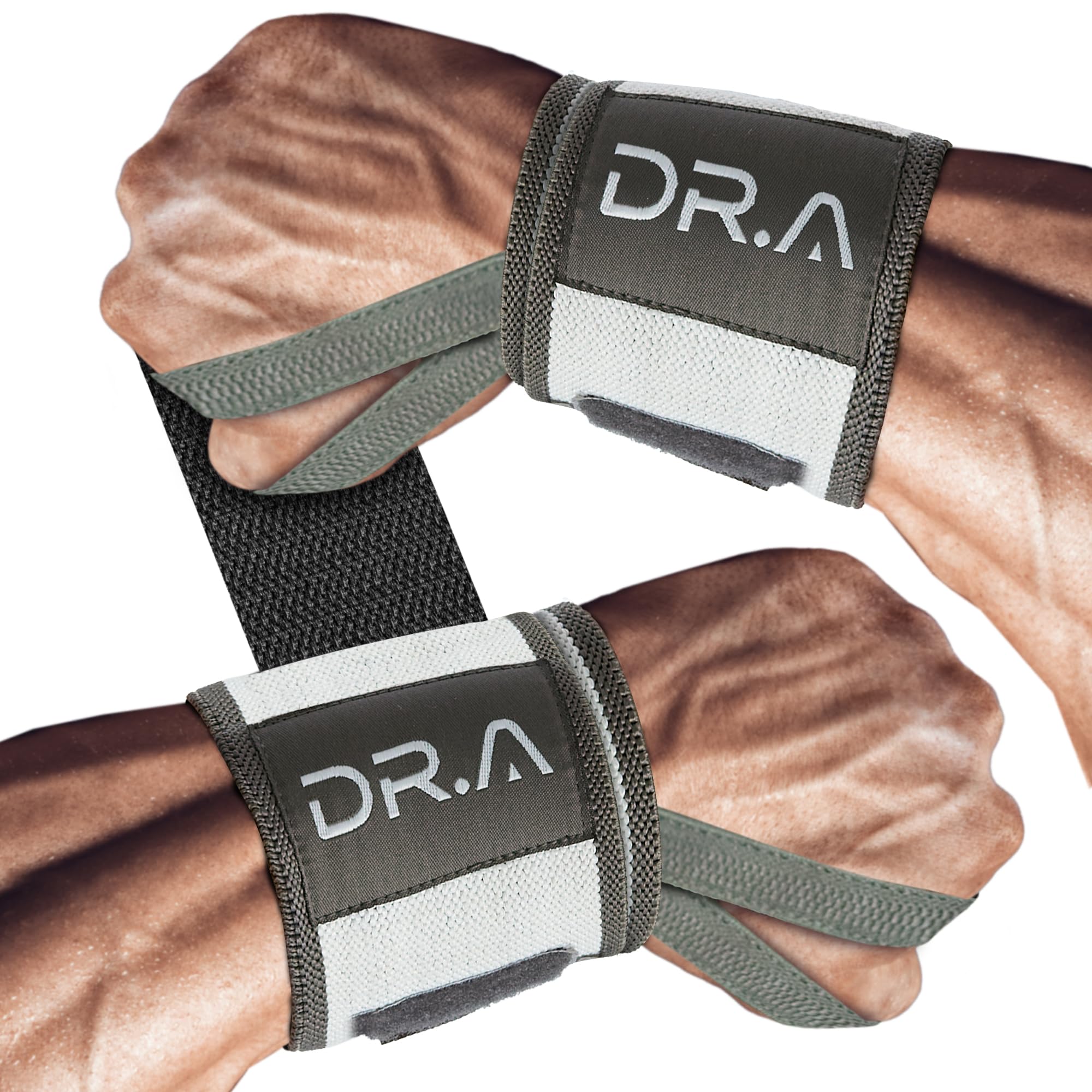 Dr. Arthritis Dr. Arthritis Weight Lifting Wrist Wraps with Thumb Loop, Heavy-Duty Wrist Straps for Weightlifting, Hybrid Training, Olympic Lifts & Calisthenics, Non-Slip Gym Wraps for Men & Women (Grey & White, Pair)