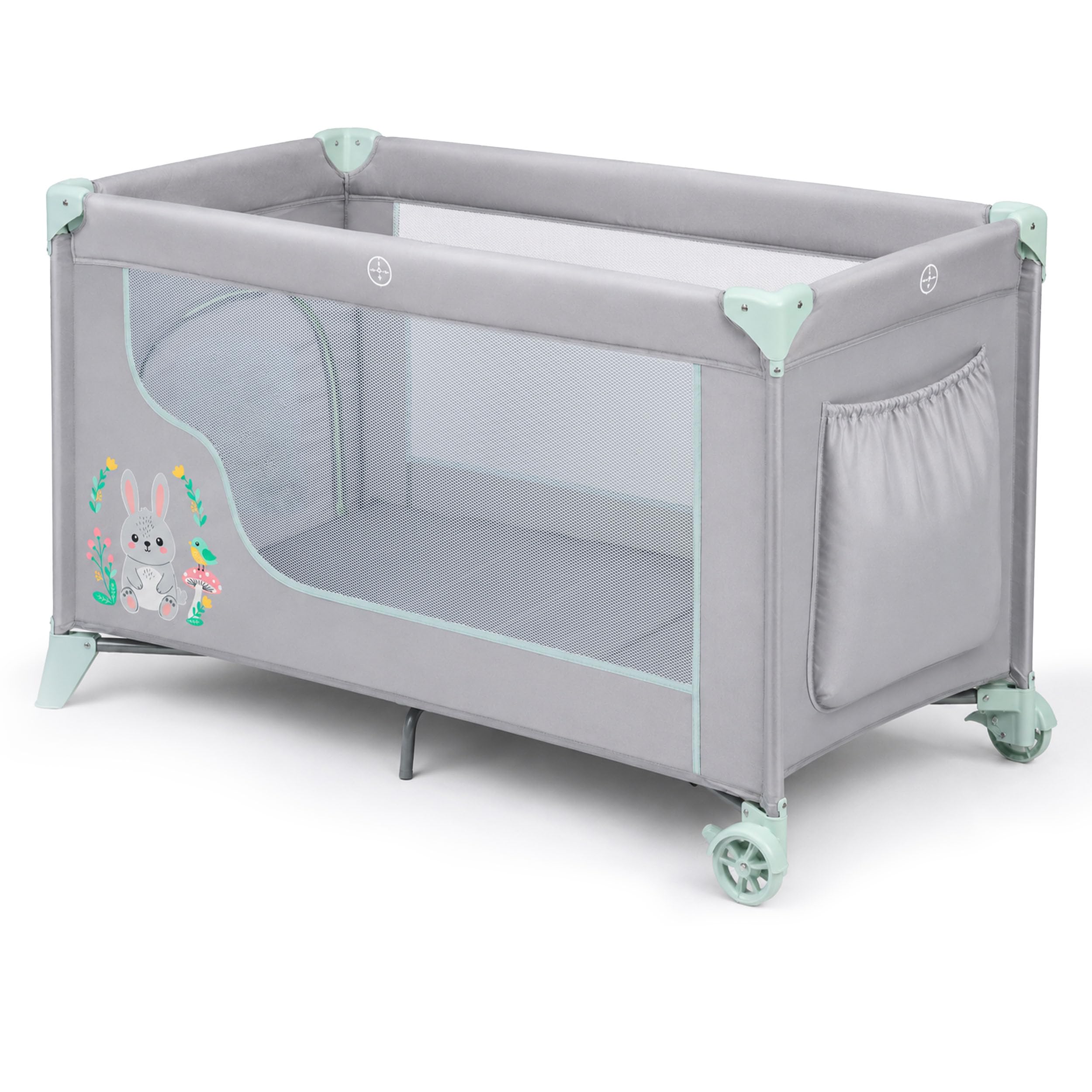 Ricokids Reisebett Baby Mit Matratze 123,5 x 64 x 76 cm Kinderreisebett Babybett Bis 15 kg 2 Räder Mit Bremsen Abnehmbarer Seiteneingang Transporttasche Faltbar Kompakt Hellgrau Lavendel