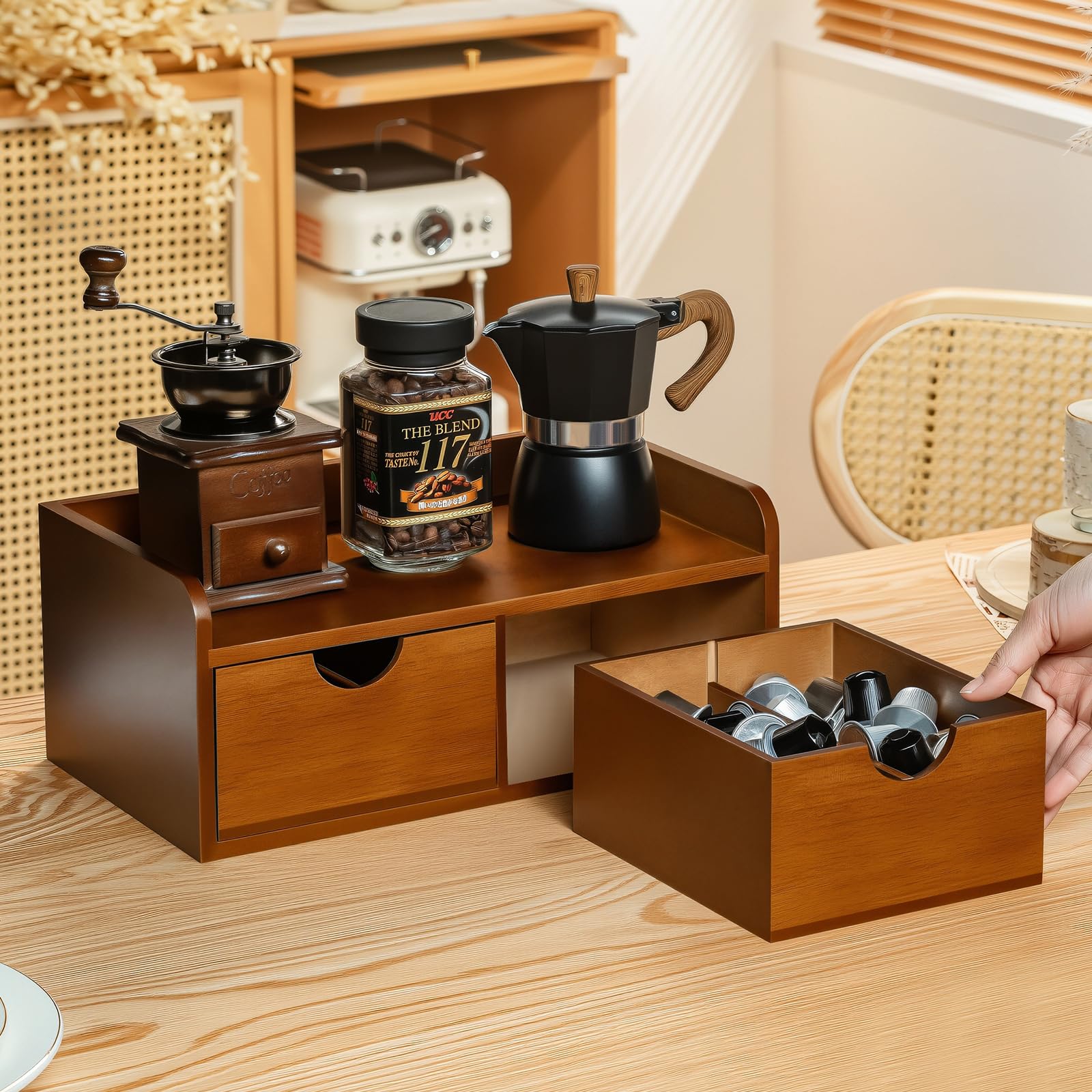 Teebeutel-Organizer aus Akazienholz, Tee-Organizer und Aufbewahrungsbox, Teebeutelhalter mit Schublade, Teestation, Truhe für Arbeitsplatte, Küche, Büro, Kaffeekapsel-Organizer