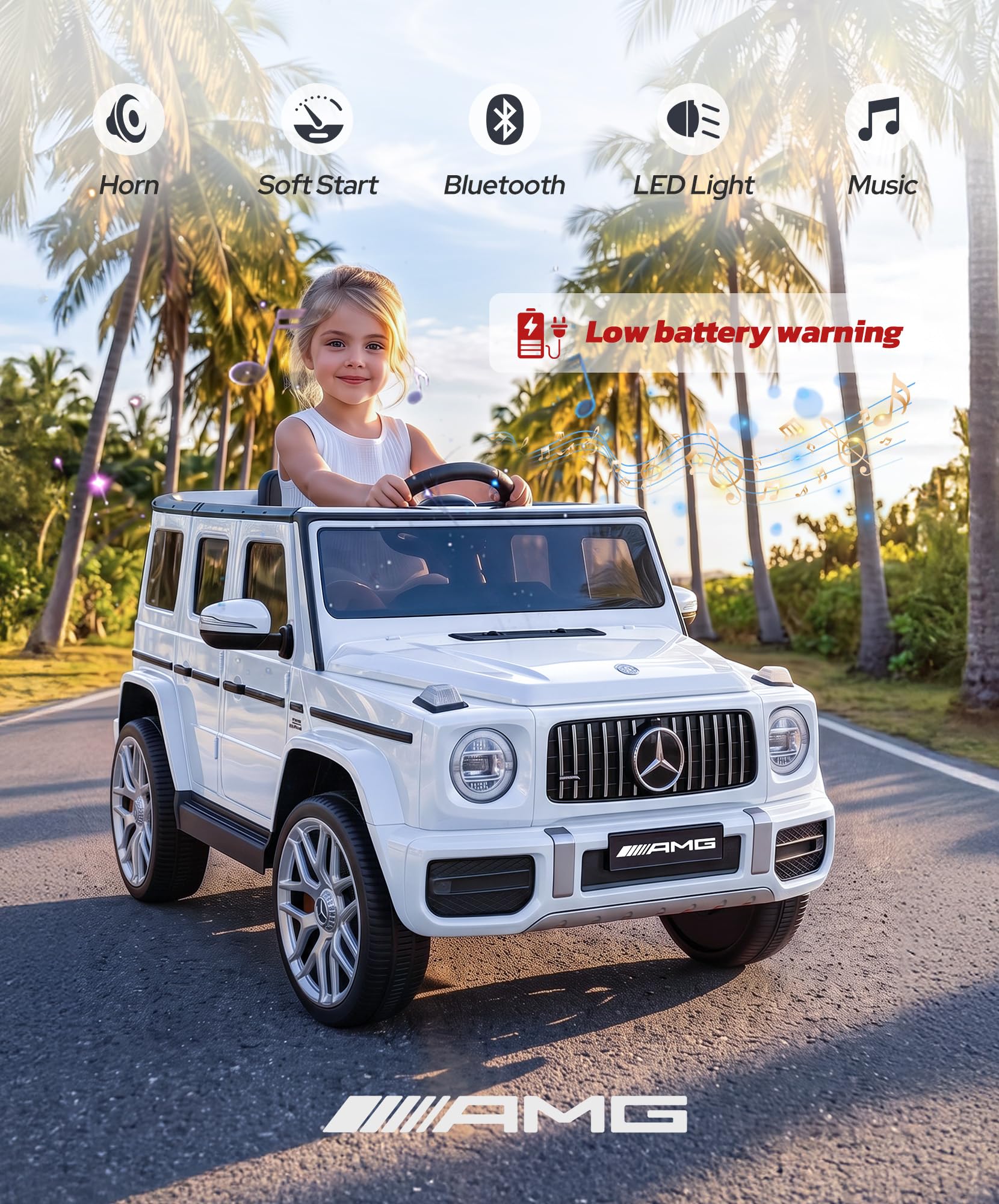 ELEMARA Mercedes-Benz AMG G63 - Auto elettrica per bambini con controllo genitori, giocattolo per camion con sospensioni a molla, Bluetooth, luci tremolanti/luci LED, bianco