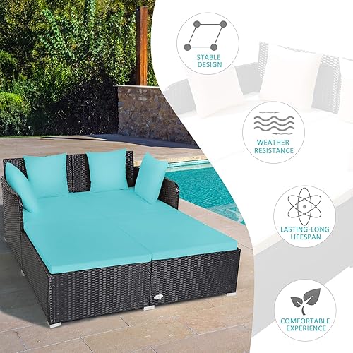 Miniatura 8 de Tangkula Sofá cama de ratán para exteriores, muebles de mimbre con asiento espacioso, cojín tapizado y esponja de alta resistencia, juego de sofá de