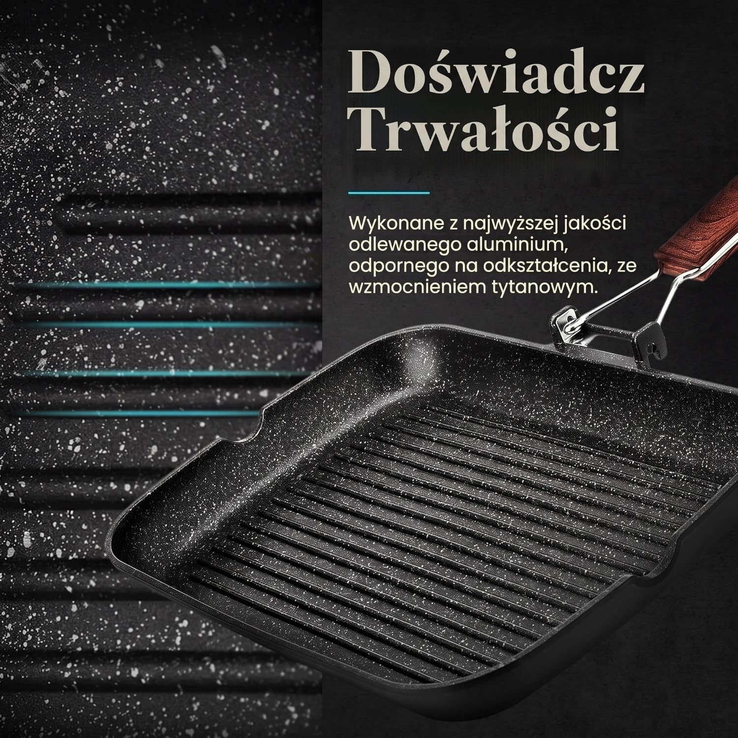 WECOOK! Ecochef tytanowa patelnia do grilla indukcyjna, falista 28 x 28 cm, powłoka nieprzywierająca, Quantanium Ekologiczna PFOA, odlew aluminiowy, grubość 5 mm, składany drewniany uchwyt, ceramika